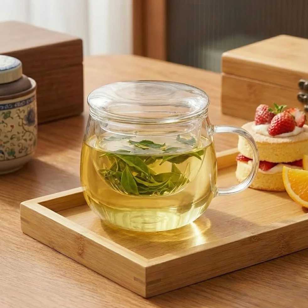 Szklana filiżanka do herbaty z pokrywką i sitkiem, 400 ml, szklanka do herbaty All in one z borokrzemu, przezroczyste szkło do herbaty, podwójne ścianki, śliczny grzyb do herbaty kwiatowej
