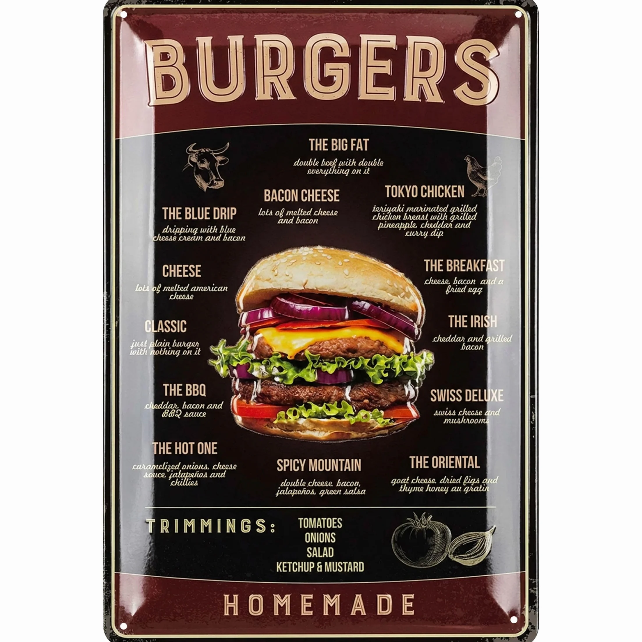 LANOLU Tabliczka blaszana w stylu vintage – znak hamburgera w stylu retro, sztuka ścienna, dekoracja restauracji, 30 x 20 cm