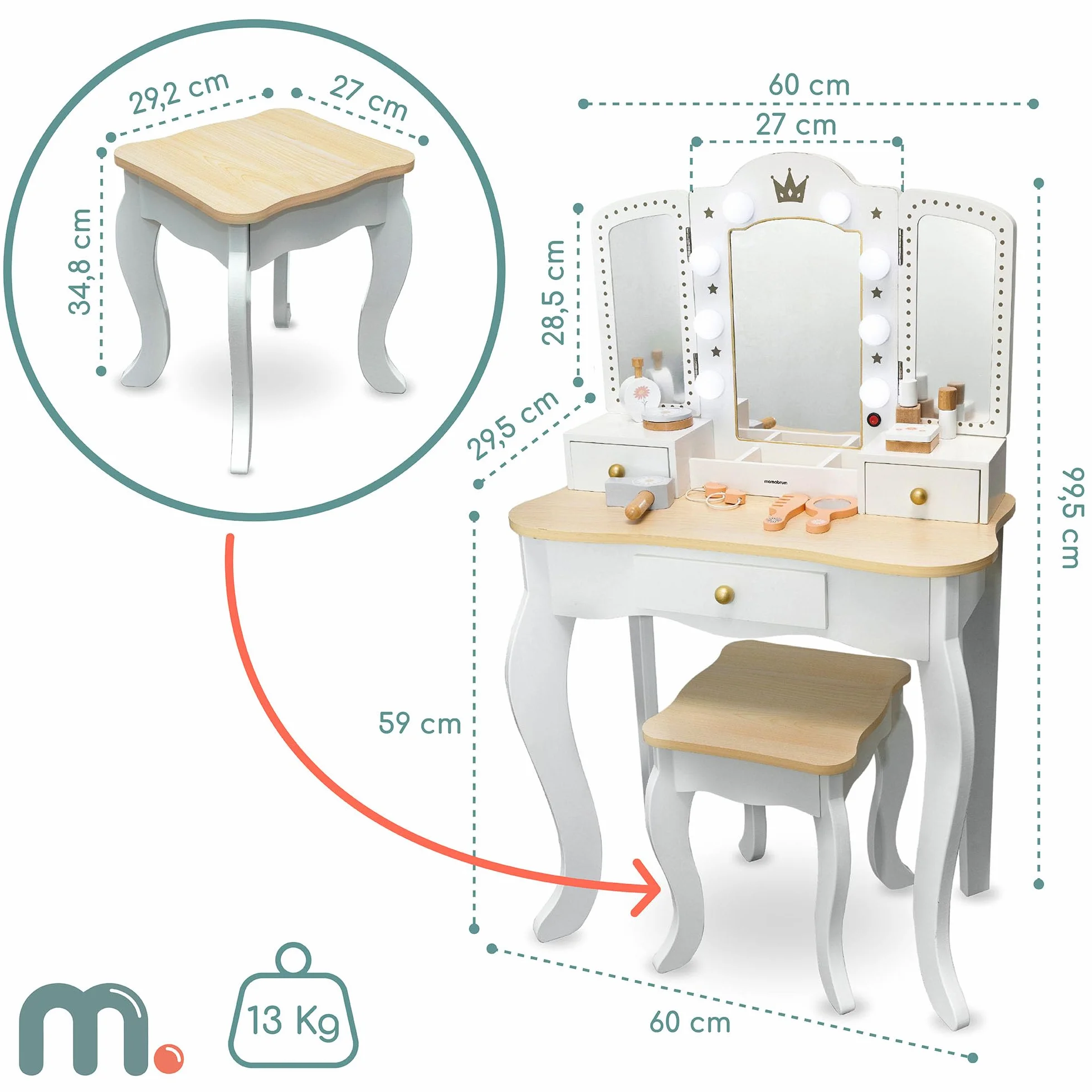 Mamabrum Drewniana Toaletka dla Dzieci 3+, XXL z Taboretem i Oświetleniem LED, 3-Skrzydłowe Lustro, Duża Szuflada, Akcesoria, Odgrywanie Ról Make-up, Solidna Konstrukcja, Zamieniana w Biurko