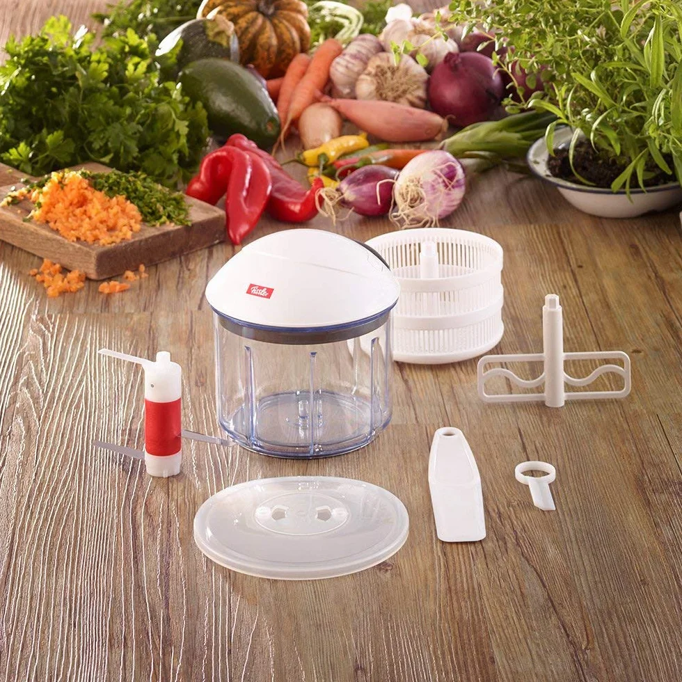 Fissler finecut krajalnica do owoców i warzyw, ręczna rozdrabniarka, uniwersalna krajalnica, nóż do cebuli z mechanizmem ciągnącym (miksowanie, wirowanie, przechowywanie)