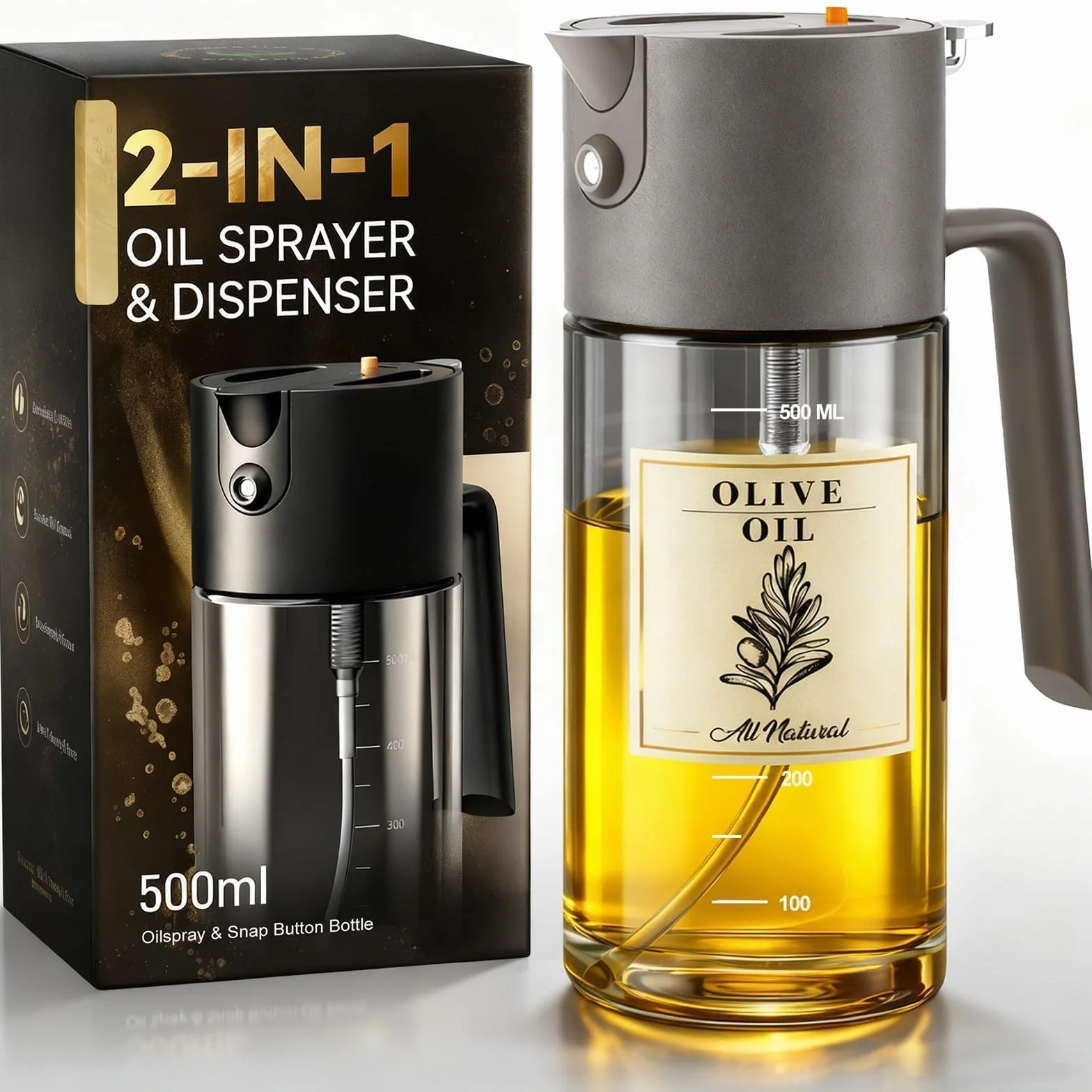 Opryskiwacz do oleju do gotowania, 2 w 1, szklana butelka z dozownikiem, opatentowany ciągły spray z kontrolą porcji, do kuchni