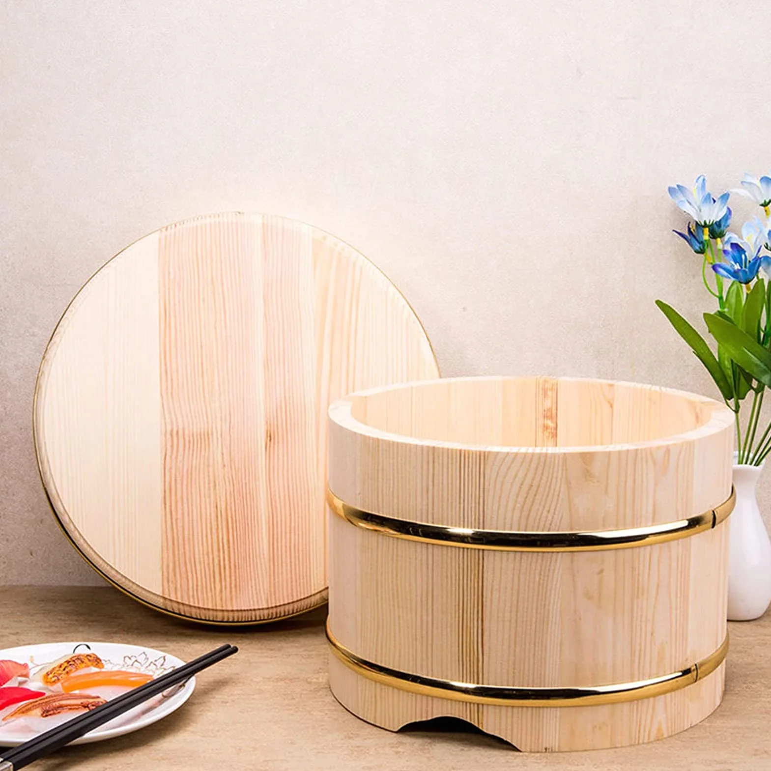 Drewniana miska do ryżu sushi z pokrywką, miedziana krawędź Hangiri Sushi Oke Sushi do mieszania ryżu, akcesoria do robienia sushi do restauracji domu kuchni, mała