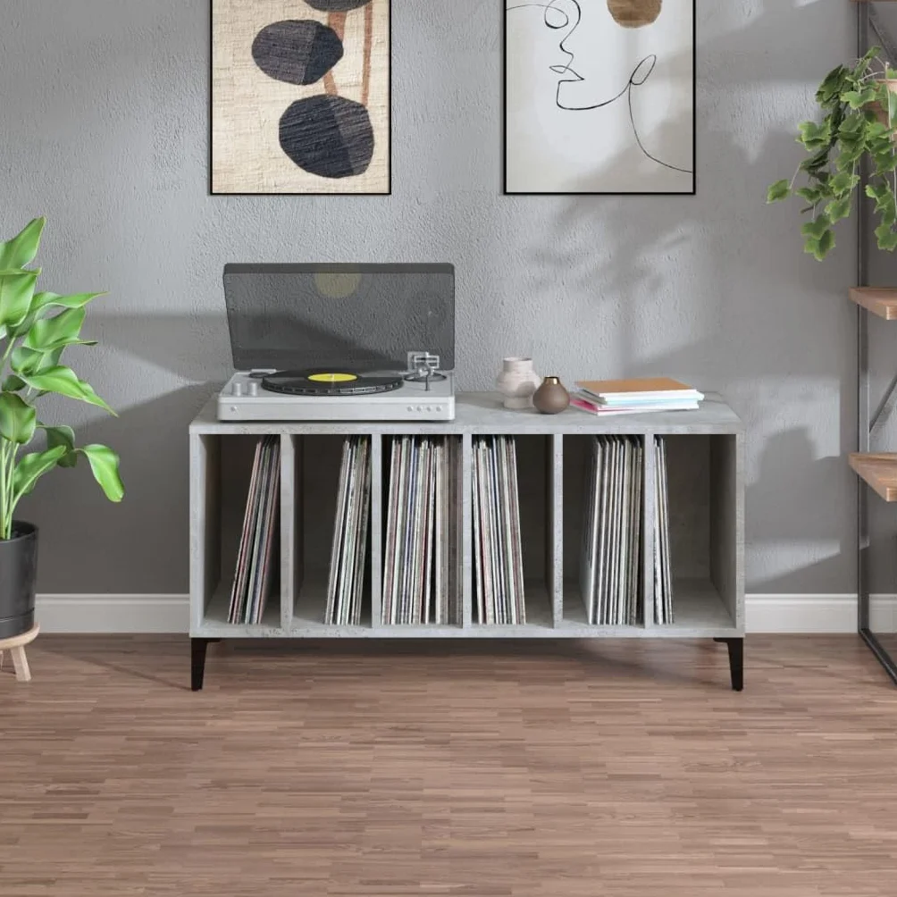 Szafa płytowa, betonowa, szara, 100 x 38 x 48 cm, materiał drewnopochodny, przechowywanie winylowe, stabilna szafka na media do gramofonu, salonu, biura, komoda z metalowymi nogami