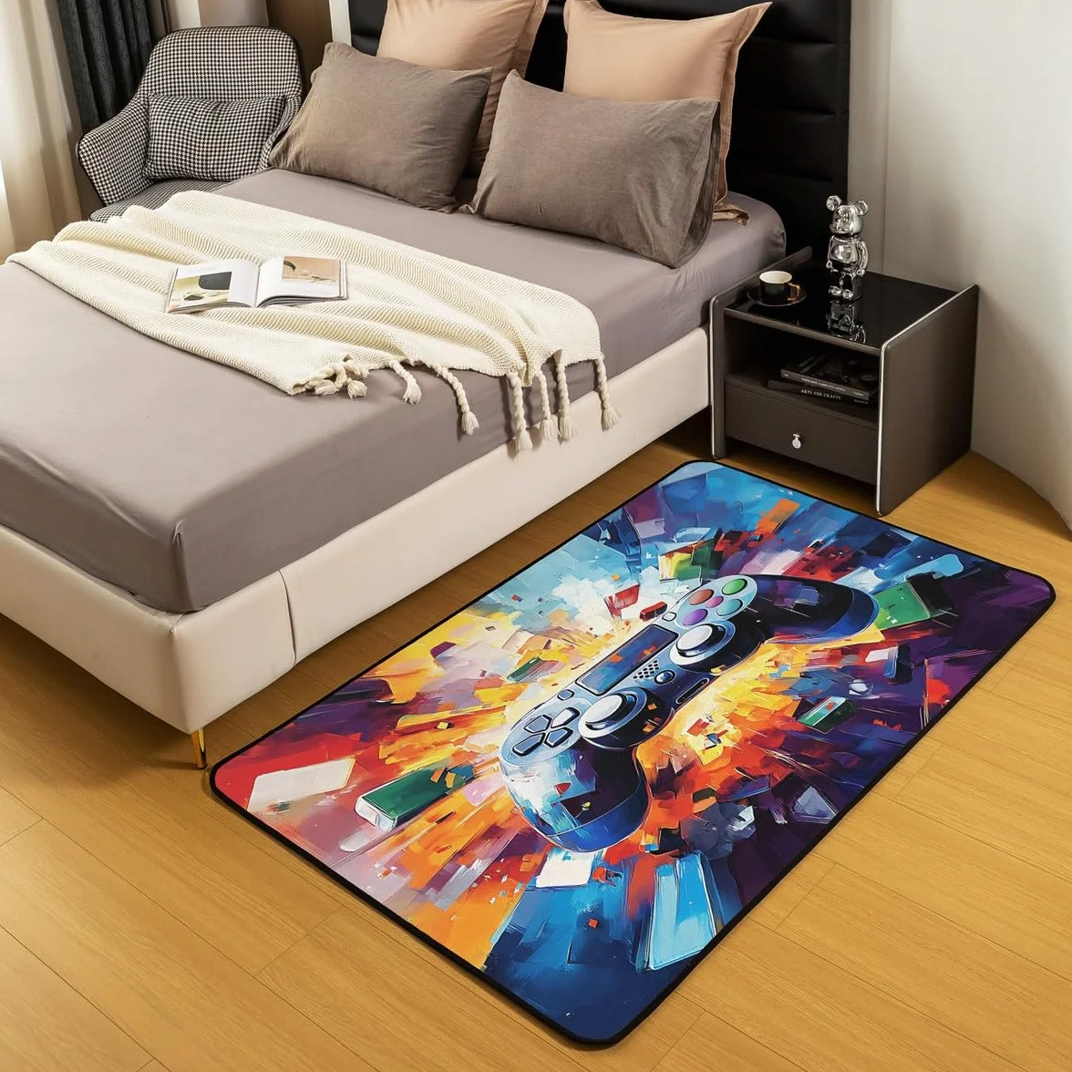 Loussiesd Dywan do salonu dla graczy, 150 x 200 cm, gamingowy dywan akcentujący dla chłopców, dziewcząt, nastolatków, nowoczesny kontroler konsoli do gier, wewnętrzna mata podłogowa, joystick, wiele