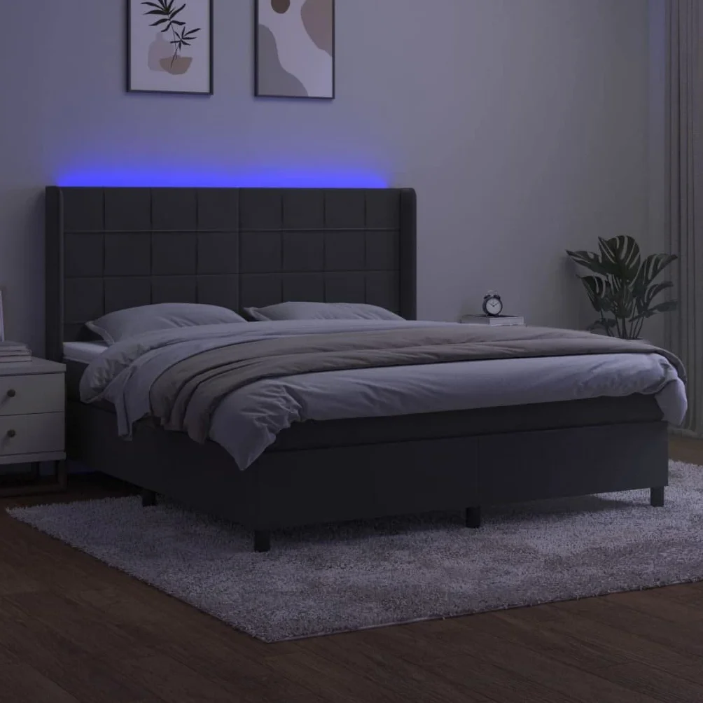 Aksamitny z regulowanym zagłówkiem i LED łóżko kontynentalne Szary 180x200 | Łóżko kontynentalne 180x200 z materacem kieszeniowym i LED, aksamit szary, zagłówek regulowany, z ochraniaczem, sypialnia