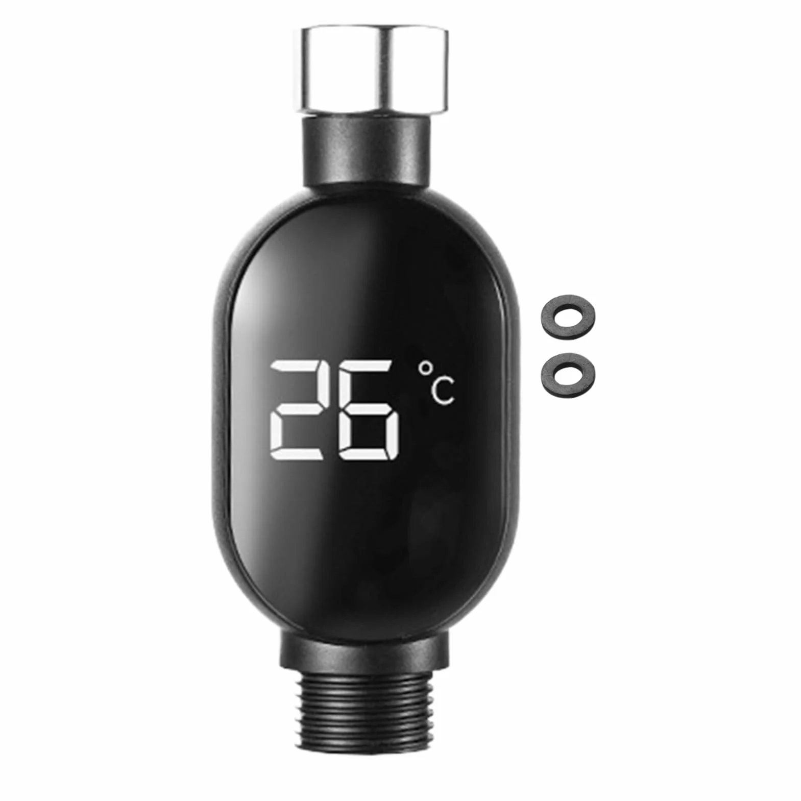 Shower Temperature Gauge, Led Water Thermometer, Instant-Read Digital Display, Waterproof Modern Design, Hotel Bathroom Kitchen Use, 0–99? 1/2 Inch Connector, Silver, 1 Piece