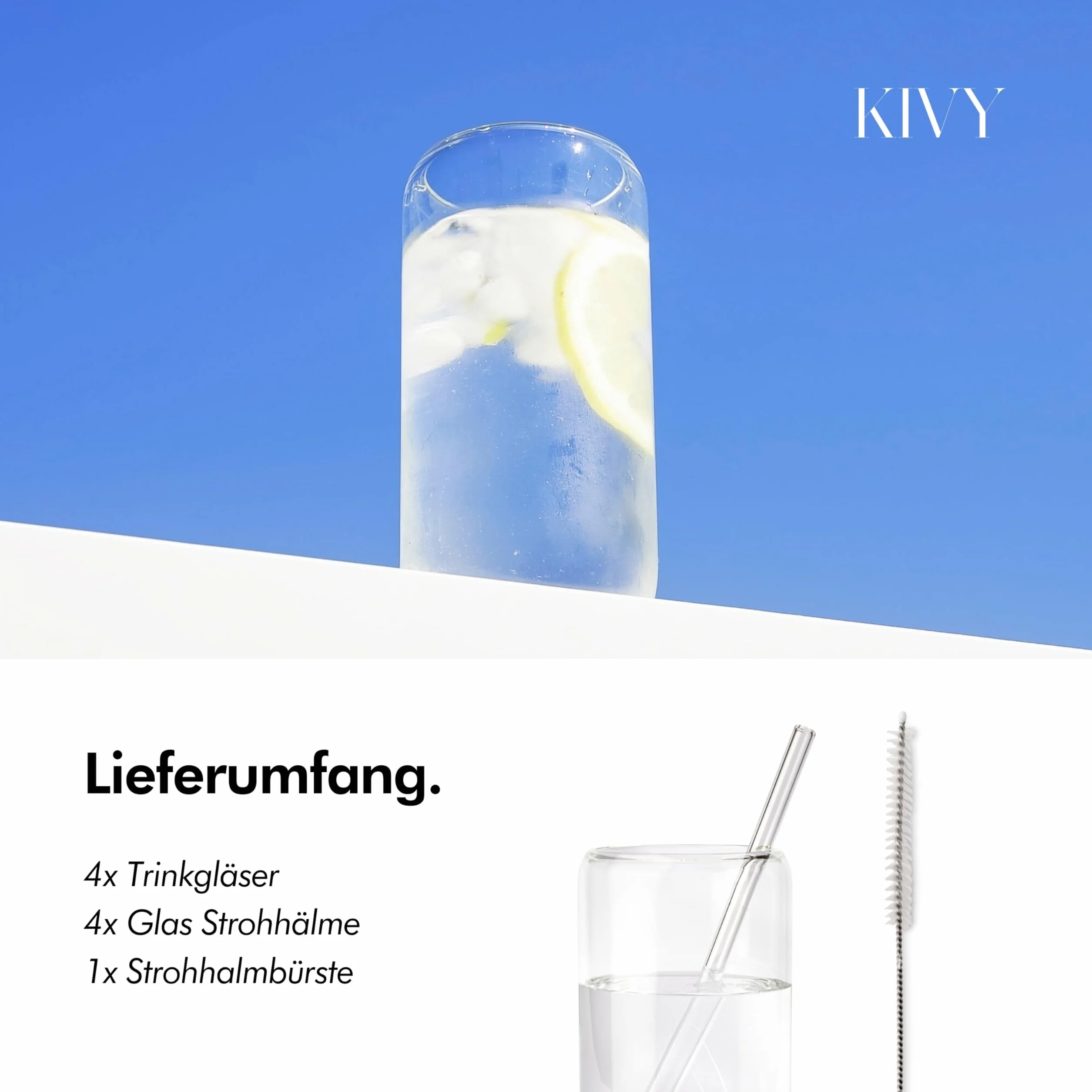 KIVY Zestaw Szklanek Do Picia Ze Szklanymi Słomkami [4 x 450 ml] Do Mrożonej Kawy, Wody i Koktajli