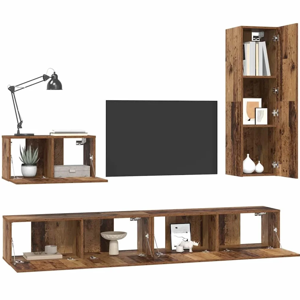 Szafka pod telewizor zestaw 4-częściowy, wygląd starego drewna, 200 x 30 x 30 cm, materiał drewnopochodny, montaż na ścianie, miejsce do przechowywania do salonu, konsola medialna