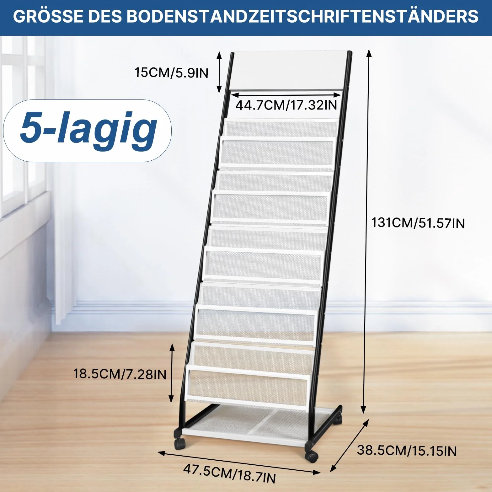 SUNDOY Stojak na czasopisma z kółkami – stojący stojak na broszury i uchwyt na katalog, na kółkach do biura, na targi i do domu (5-warstwowy, szerokość 47,5 cm)