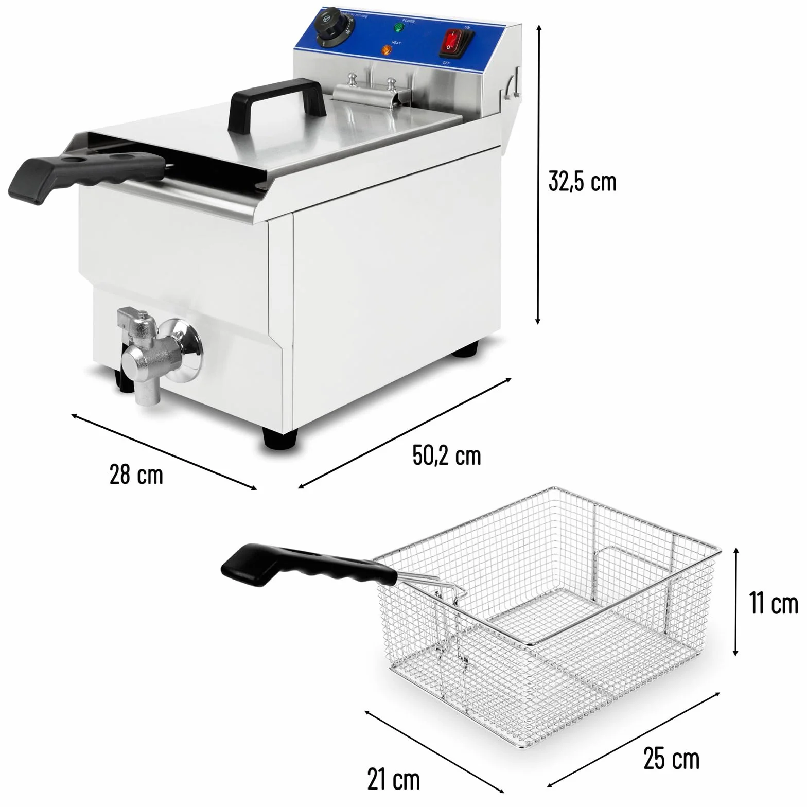 VERTES Frytkownica 10L, 3000 W, temperatura regulowana do 250°C, zasilanie elektryczne 230V, pojemność oleju 8,5 litrów, zasada zimnej strefy, kosz do smażenia, funkcja resetowania, stal nierdzewna