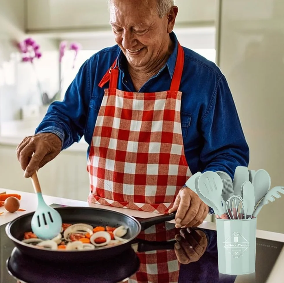 Zestaw przyborów kuchennych, zestaw łyżek do gotowania, przybory kuchenne z pojemnikiem na sztućce, 12 silikonowych przyborów kuchennych, naczynia kuchenne, można myć w zmywarce, odporne na ciepło