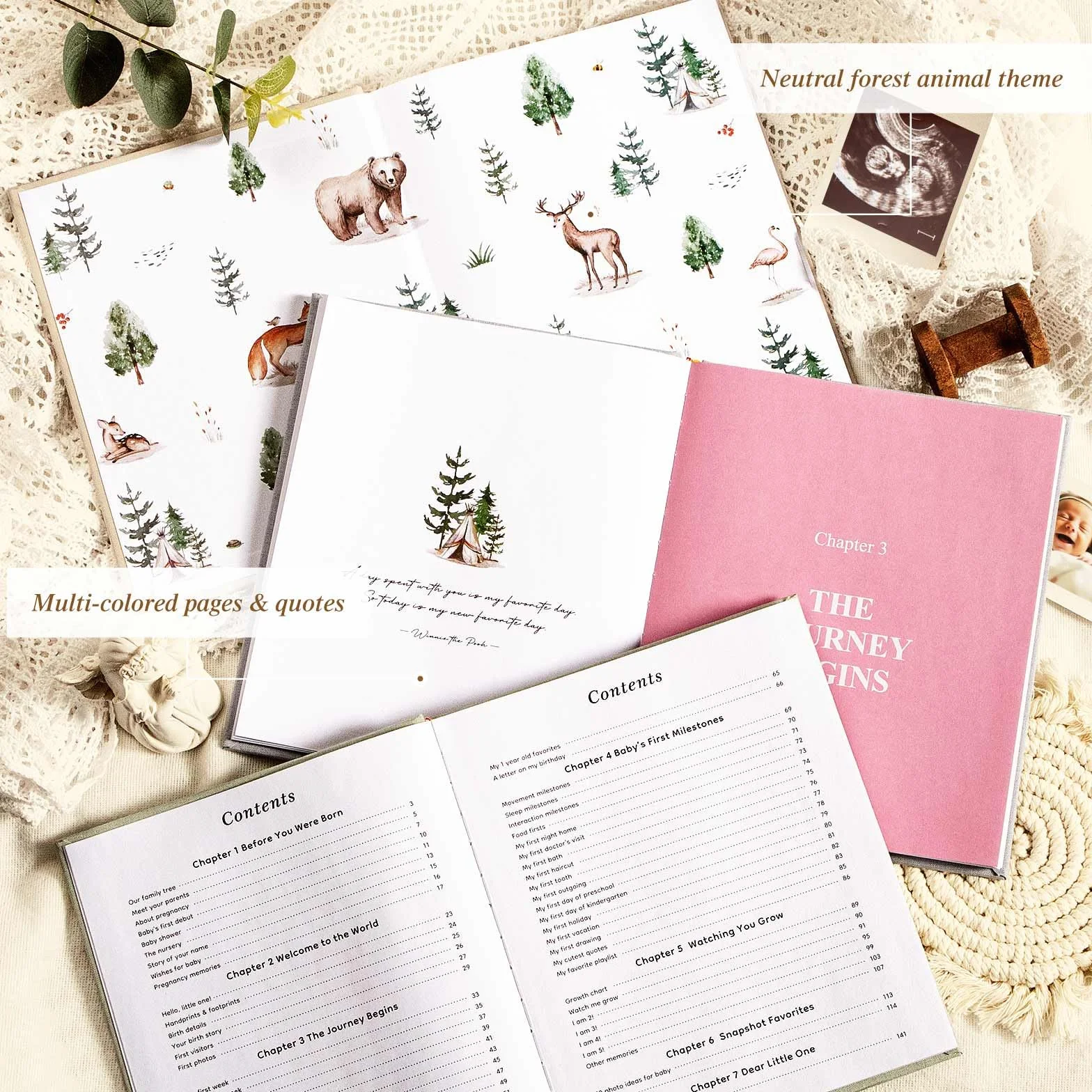 Lanpn Hello Baby Książka Wspomnień - Lniana Twarda Okładka Pamiątka dla Nowych Rodziców - Pamiętnik od Noworodka do 5 Lat Album Zdjęć Książka Kamieni Milowych (Różowy, 154 Strony)
