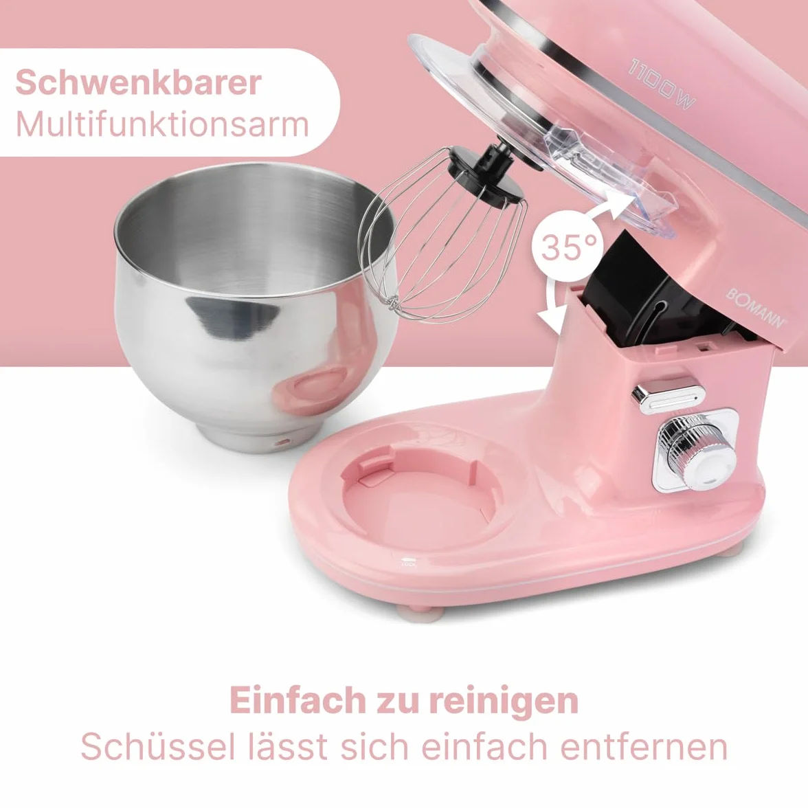 Bomann® Robot kuchenny w stylu retro, 5 l, z mocnym silnikiem 1100 W, w zestawie z hakiem i trzepaczką, w stylu retro, ochrona przed pryskaniem, z otworem do napełniania – KM 6030 CB różowy