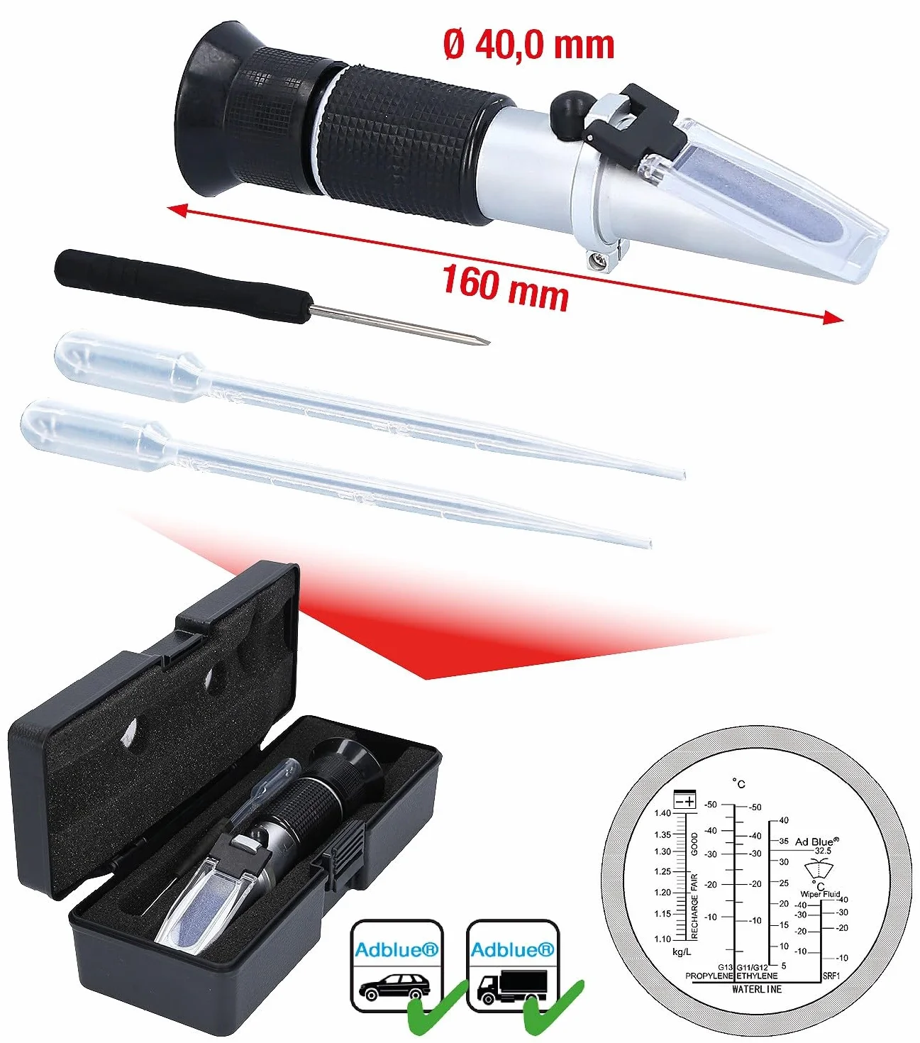 KS Tools 550.1285 Refraktometr - optyczny przyrząd do kontroli płynu akumulatorowego, płynu chłodniczego, płynu do spryskiwaczy oraz dodatków AdBlue®