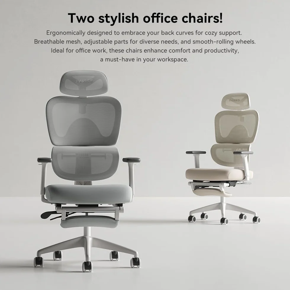 MUSSO E600SE Ergonomiczne krzesło biurowe, 3-poziomowe podparcie lędźwiowe, 3D regulowany podłokietnik, zagłówek z podnóżkiem
