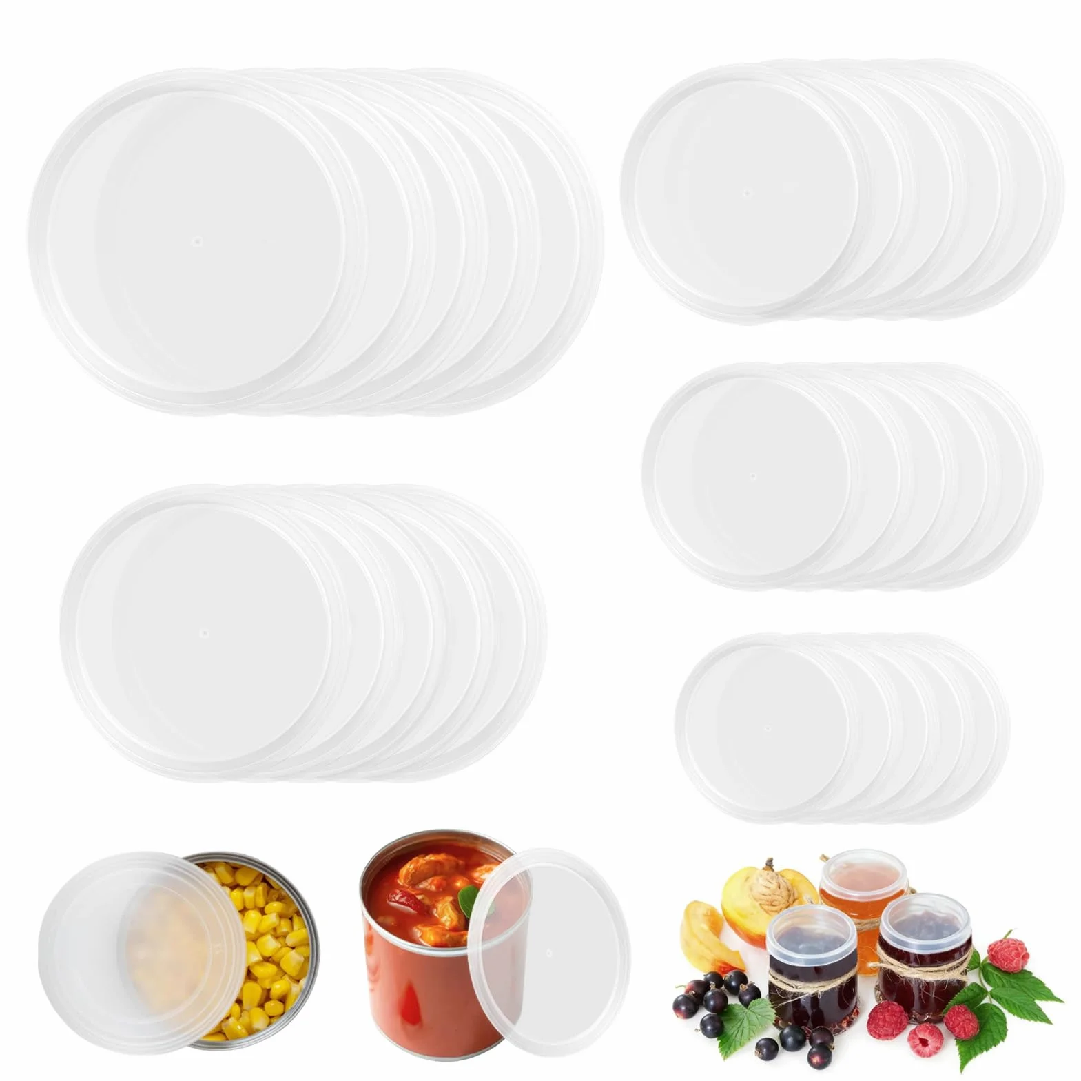 Zestaw 25 pokrywek do puszek, uniwersalne pokrywki do puszek w 5 rozmiarach (100 mm, 85 mm, 75 mm, 67 mm, 57 mm), przezroczyste pokrywki do puszek, karma dla kotów do żywności