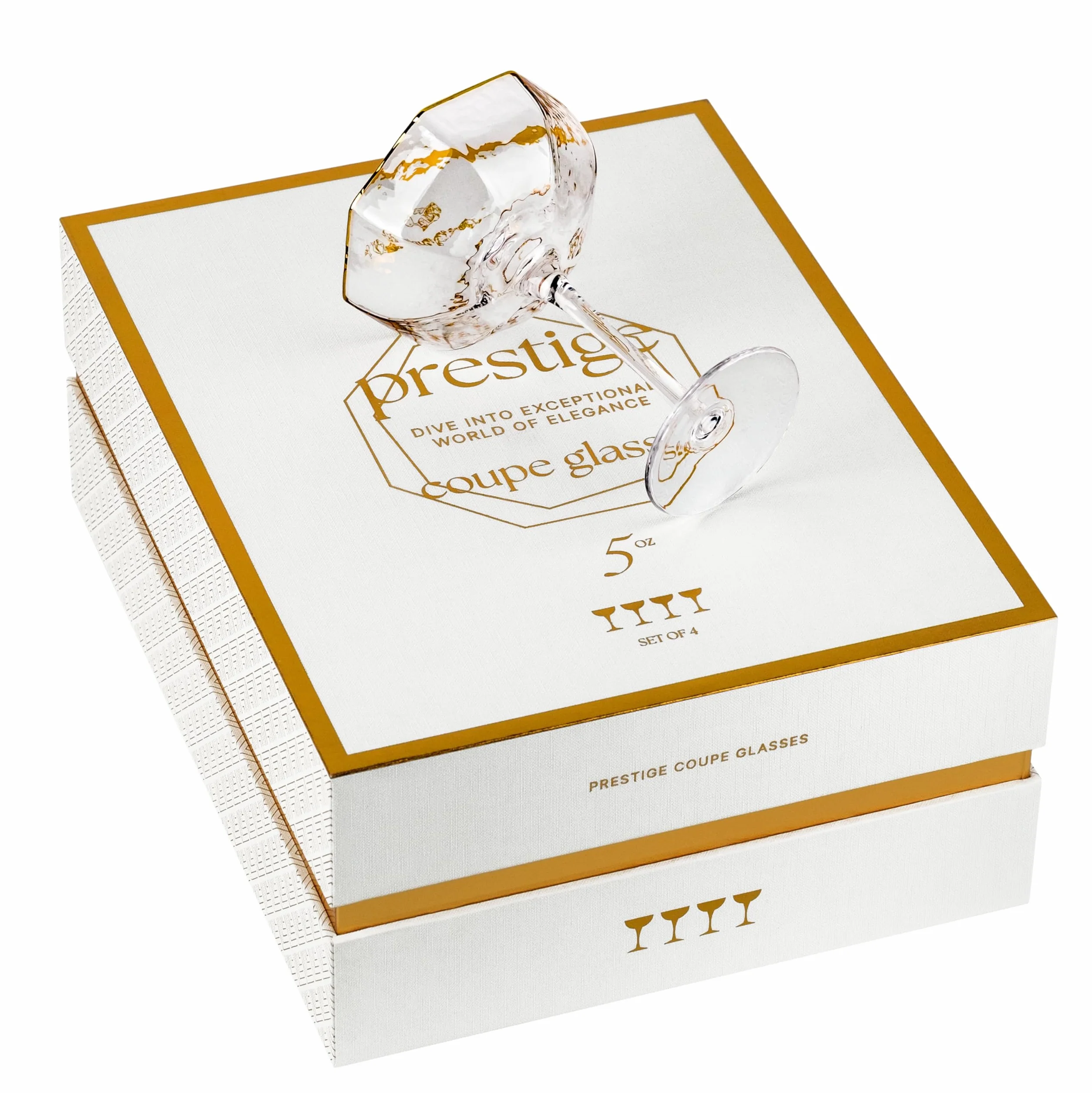 Małe ośmiokątne kieliszki Prestige Coupe o pojemności 150 ml ze złotymi krawędziami do koktajli i szampana, zestaw 4 szt., kryształowe wyroby z długich łodyg do espresso Martini, Daiquiri, Gimlet