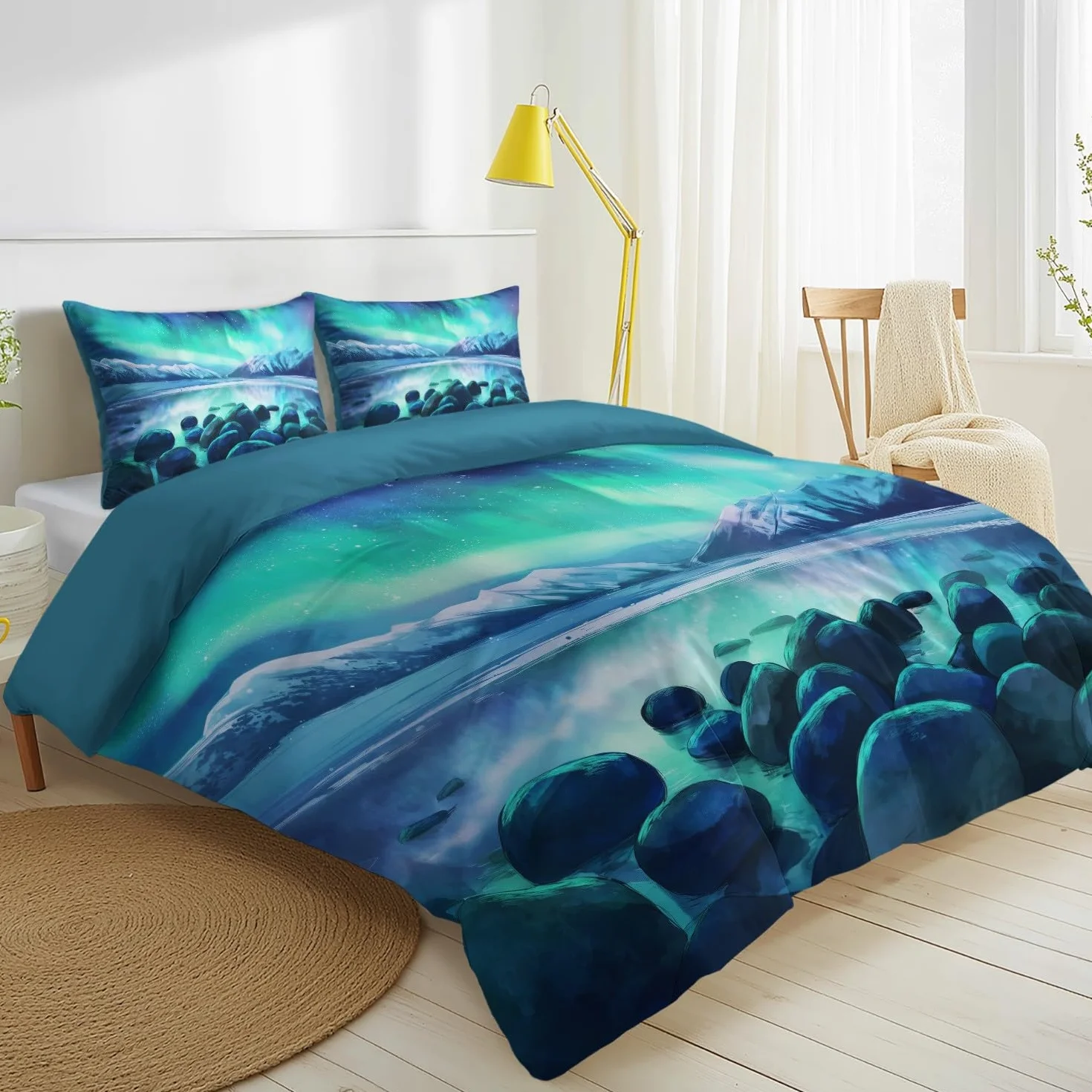Generisch Verträumt Pościel z motywem krajobrazu nocnego, 200 x 200 cm, 3-częściowy zestaw pościeli – romantyczna pościel z mikrofibry z 2 poszewkami na poduszki, niebieska