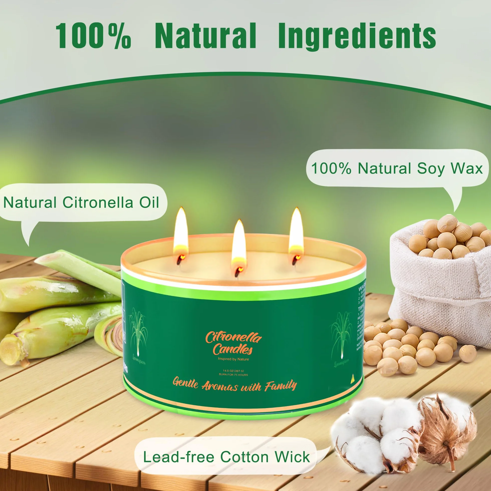 Citronella świeca outdoorowa, ZESTAW 2 SZTUK, każda 400 ml świeca ogrodowa, 3 knoty, czas palenia 75 godzin/sztuka (łącznie 150 godzin), naturalne świece z wosku sojowego na kemping, taras, do ogrodu