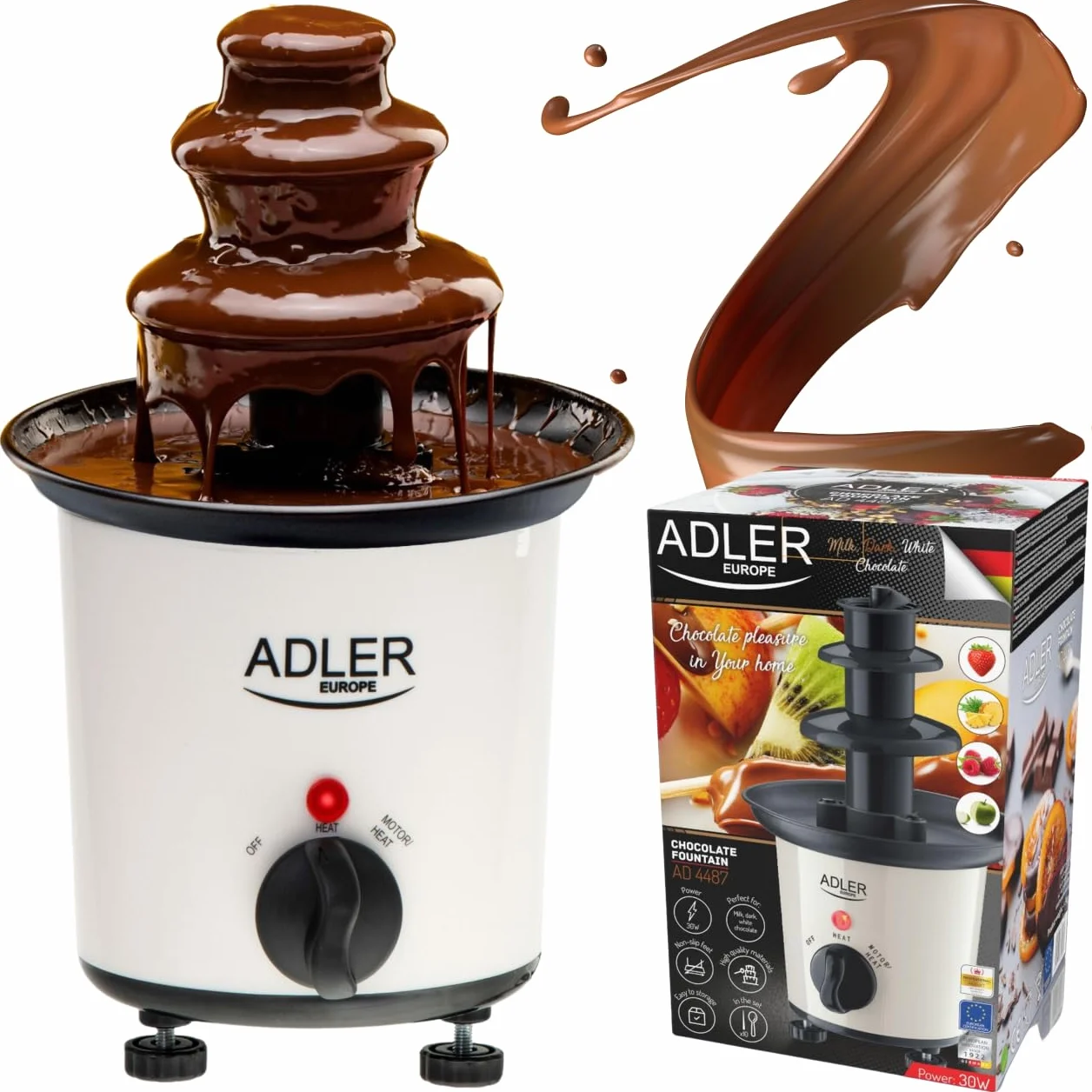 Adler AD 4487 Fontanna do Czekolady 200ml z Patyczkami, Moc 30W, Regulowane Podgrzewanie, Stabilna Konstrukcja, Kolor Biały