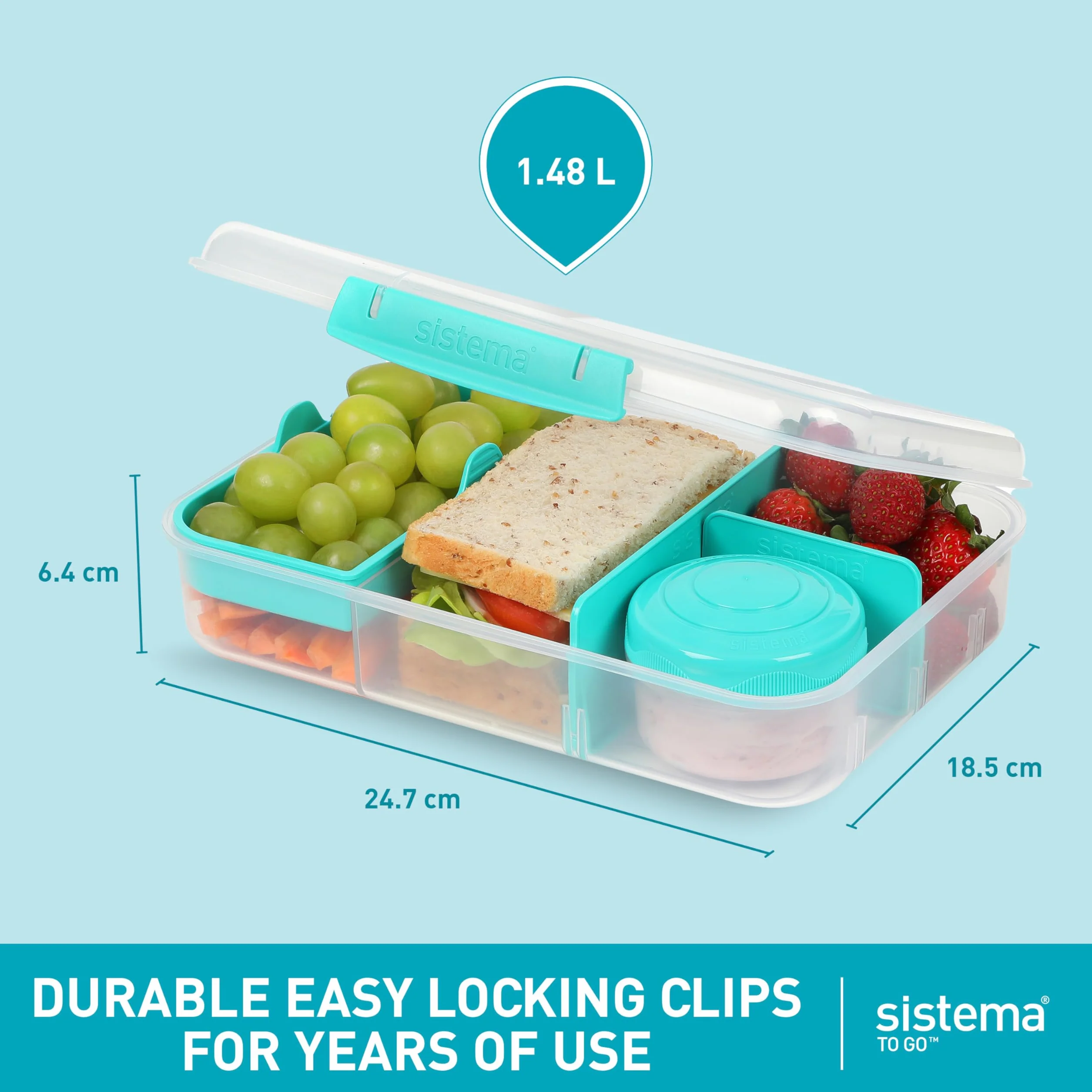 Sistema TO GO Bento Box Create | 1,48 l | szkolne pudełka na lunch z przegródkami i pojemnikiem na przekąski, bez BPA, 2 sztuki, miętowy turkusowy
