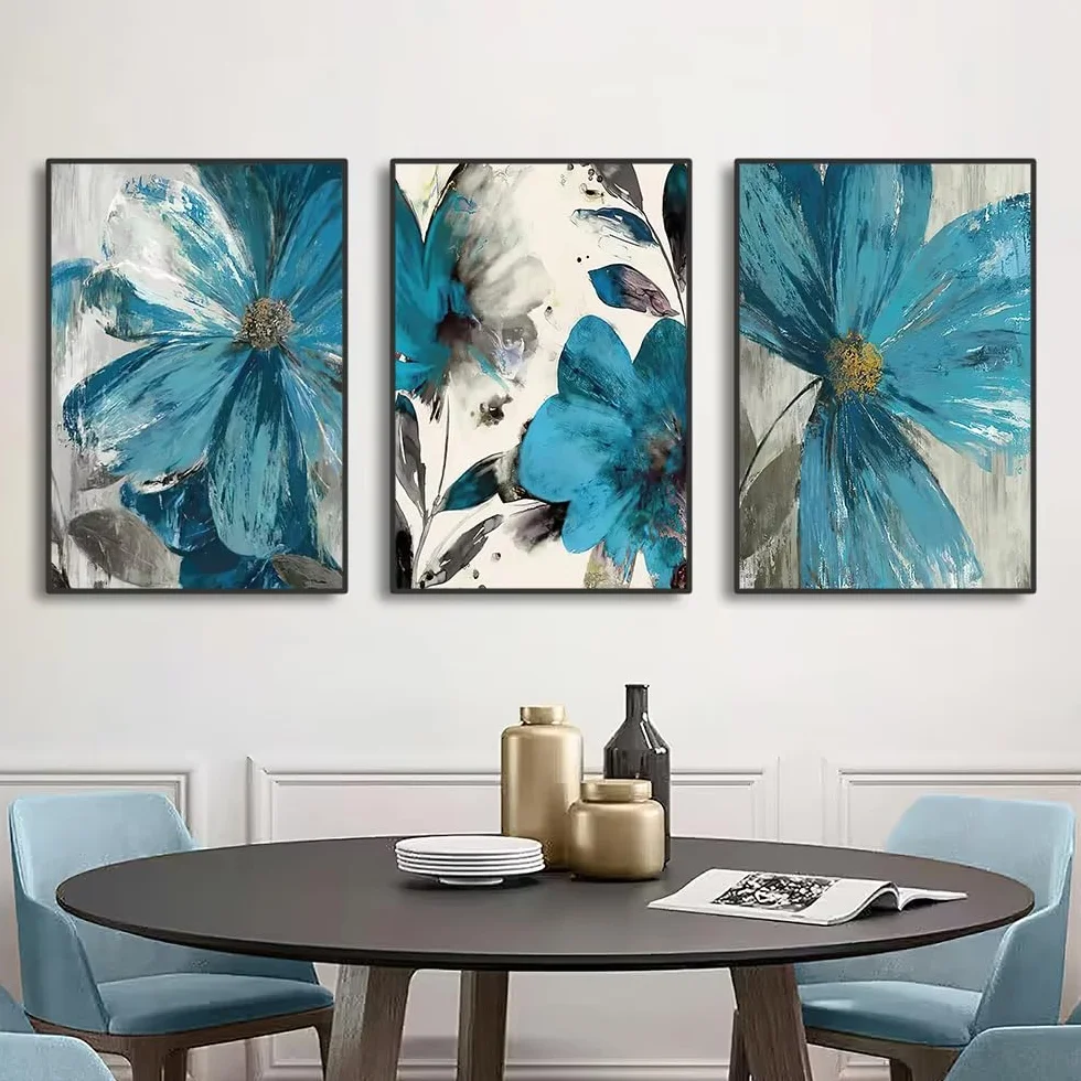 DFZEWKI Kwitnące życie botaniczny nadruk sztuka ścienna obrazy na płótnie vintage niebieska farba kwiaty plakaty ścienne dekoracja salonu (70 x 100 cm (26 x 39 cali) x 3)