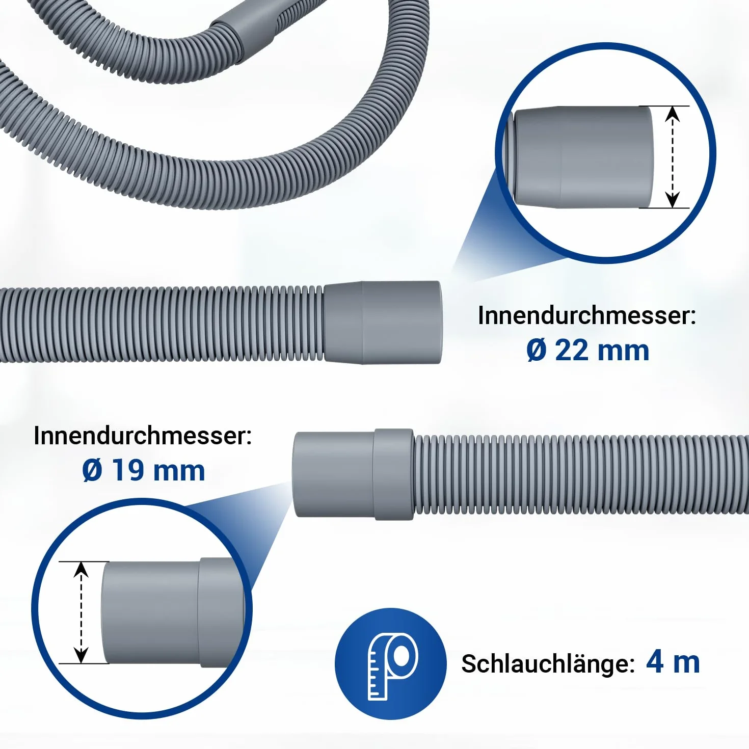 VIOKS Elastyczny wąż odpływowy do pralki 4 m 19/22 mm Ø z 2 x obejmami ze stali nierdzewnej 18-28 mm Ø - wąż ściekowy do zmywarki z zaciskami do węża zestaw i węże odpływowe do pralek