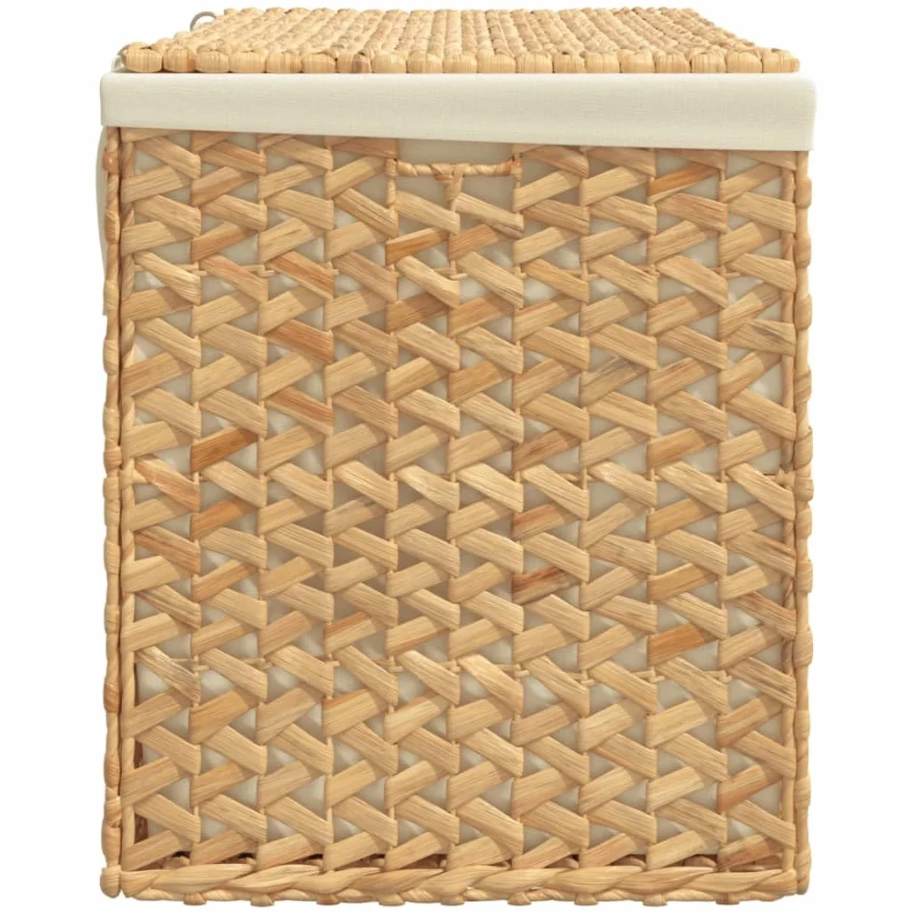 Składany 3-częściowy kosz na pranie 75 x 42,5 x 52 cm z hiacyntu wodnego z pokrywą i bocznym uchwytem, wytrzymała metalowa rama, rustykalny design do łazienki.