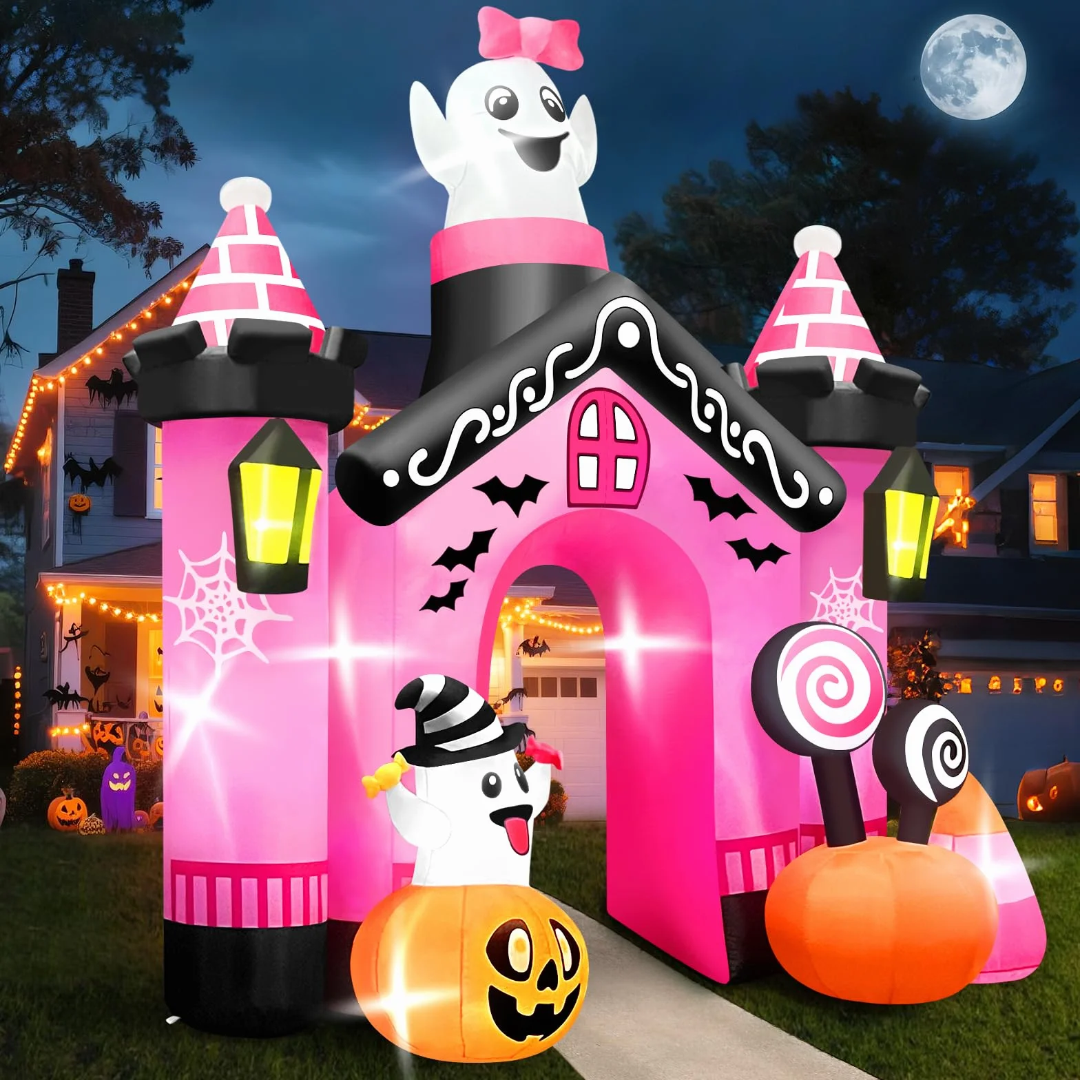 Kalolary 11FT Nadmuchiwany łuk w kształcie zamku wysokości Halloween dekoracja zewnętrzna, gigantyczny różowy łuk z uroczą dynią i duchem na imprezę halloweenową, na zewnątrz, do ogrodu, na trawnik