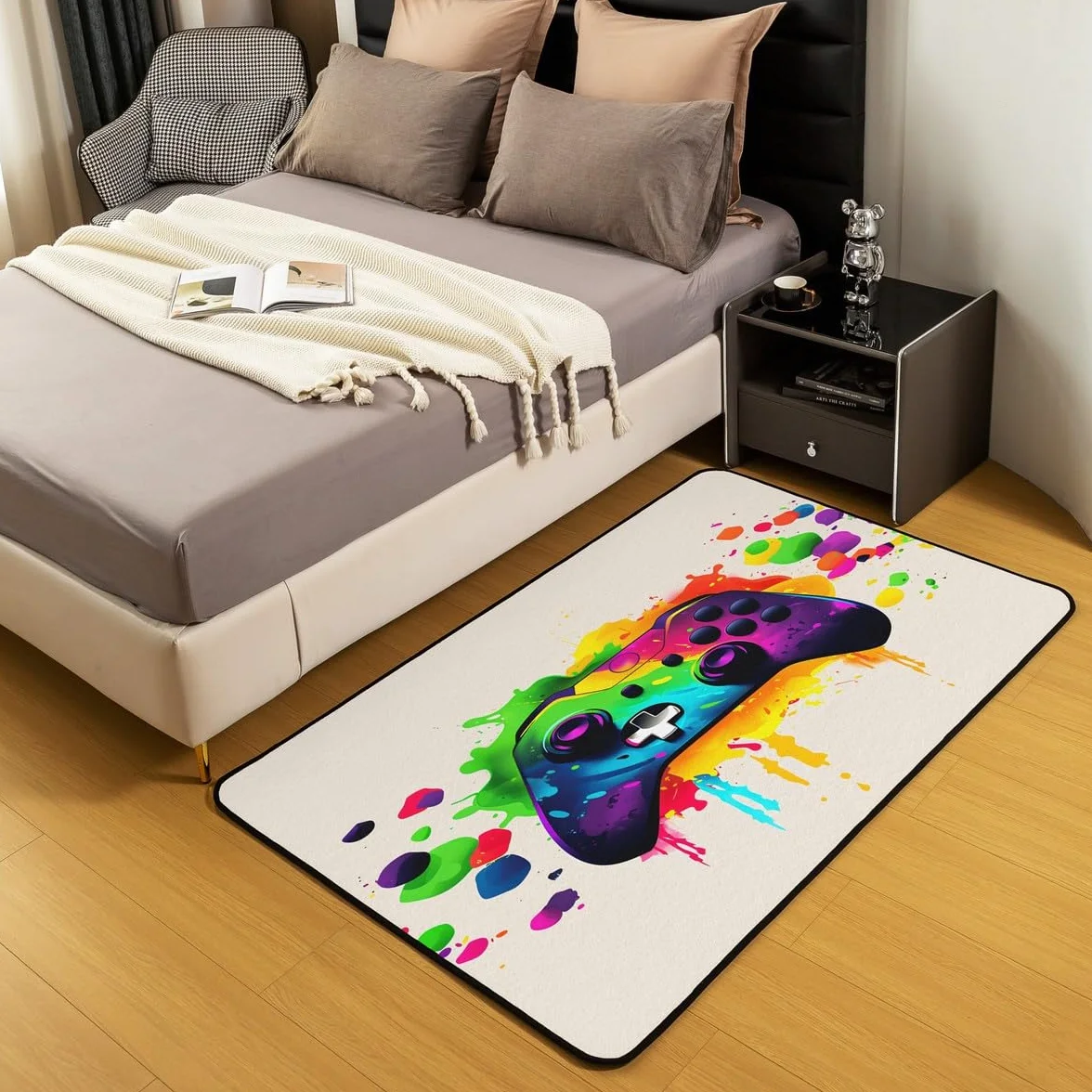 Loussiesd Dywan do salonu dla graczy, 150 x 200 cm, gamingowy dywan akcentujący dla chłopców, dziewcząt, nastolatków, nowoczesny kontroler konsoli do gier, mata podłogowa, joystick, beżowa,