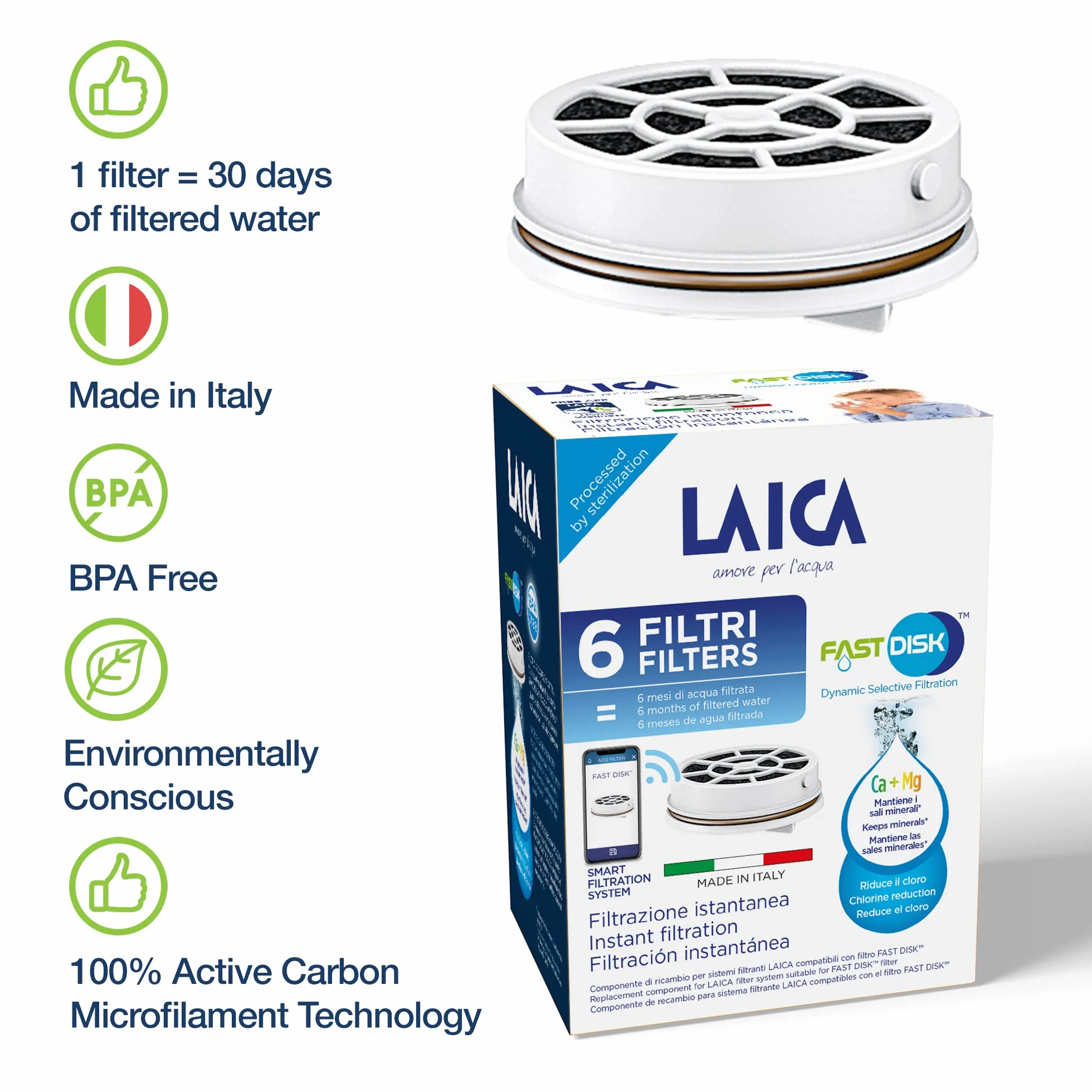Laica Filtr Fast Disk do butelki z filtrem, opatentowany z węglem aktywnym, 100% Made in Italy, natychmiastowa filtracja, żywotność 1 miesiąc/120 l, 6 sztuk