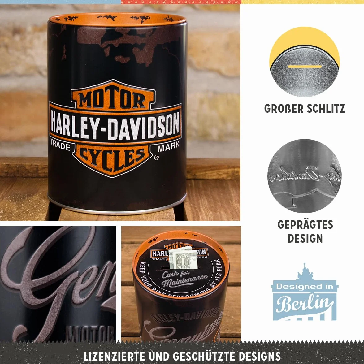 Nostalgic-Art Retro skarbonka, 1 l, Harley-Davidson – Genuine Logo – Pomysł na prezent dla motocyklistów, Official License Product (OLP), metalowa skarbonka, Styl vintage