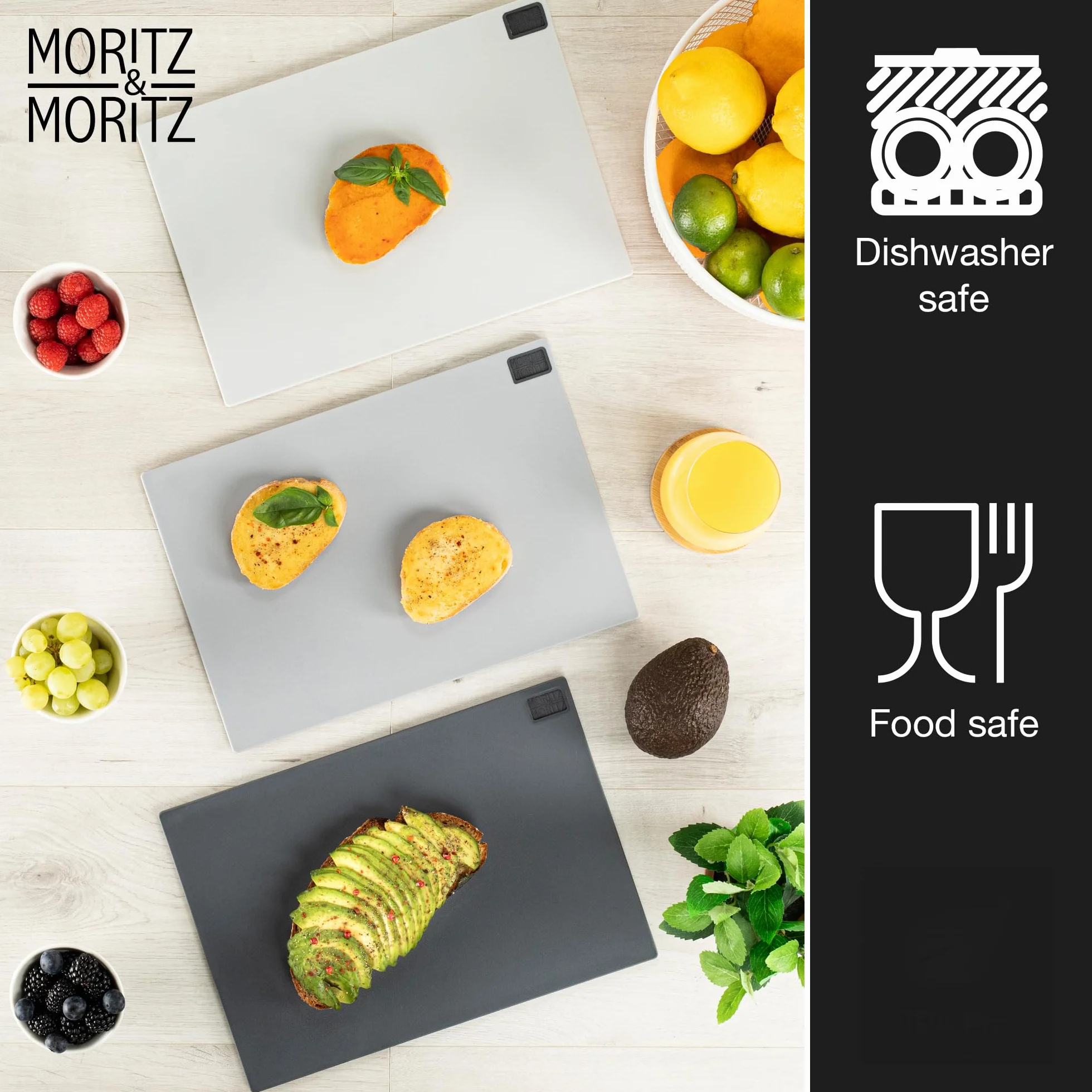 Moritz & Moritz 3x Deska do krojenia z plastiku - 32 x 22 cm - W praktycznym stojaku – Duża deska kuchenna – Nadaje się do zmywarki i higieniczna