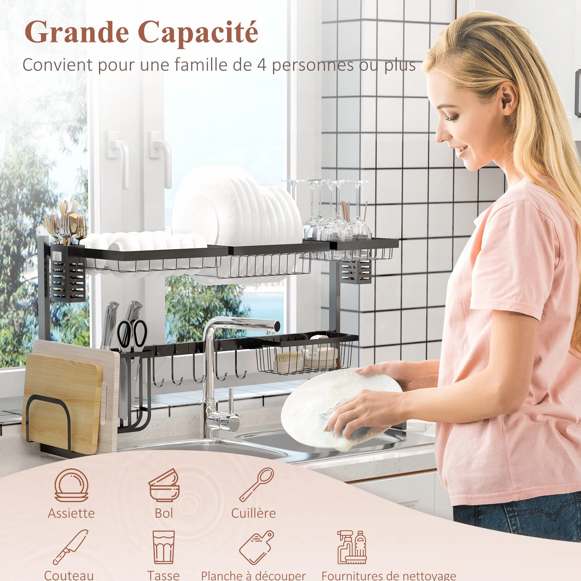 HOMCOM Ociekacz na mokro, suszarka nad zlewem, 2 poziomy, uchwyt na noże, stojak na deskę do krojenia, organizer kuchenny, 93 x 30 x 52,5 cm, stal czarna
