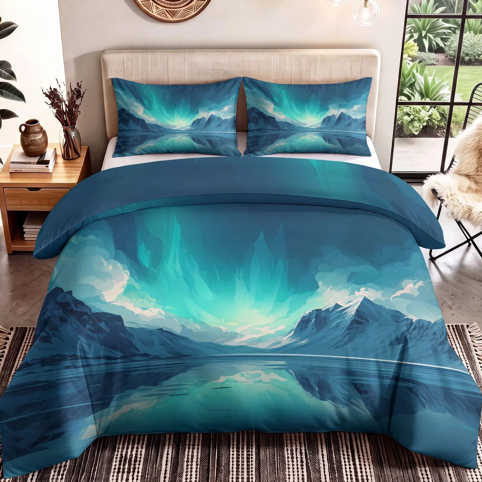Przyjazny dla skóry natura krajobraz zestaw pościeli 260 x 220 cm dla dorosłych fantasy śnieżna góra zorza polarna zestaw poszewek na kołdrę do pokoju dekoracyjna niebieska super king size poszewka na
