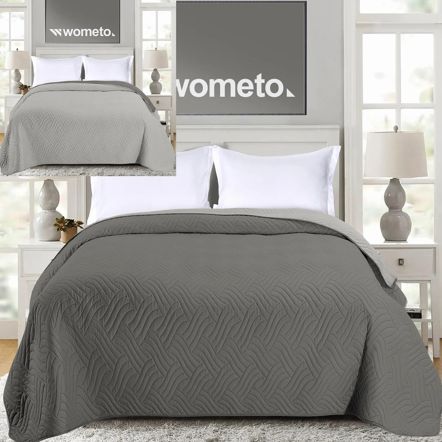 Wometo OekoTex Narzuta 220 x 240 cm - Poszewka z Mikrofibry, Szara, Watowana, Pikowana, Dwustronna, XXL, na Sofę i Łóżko
