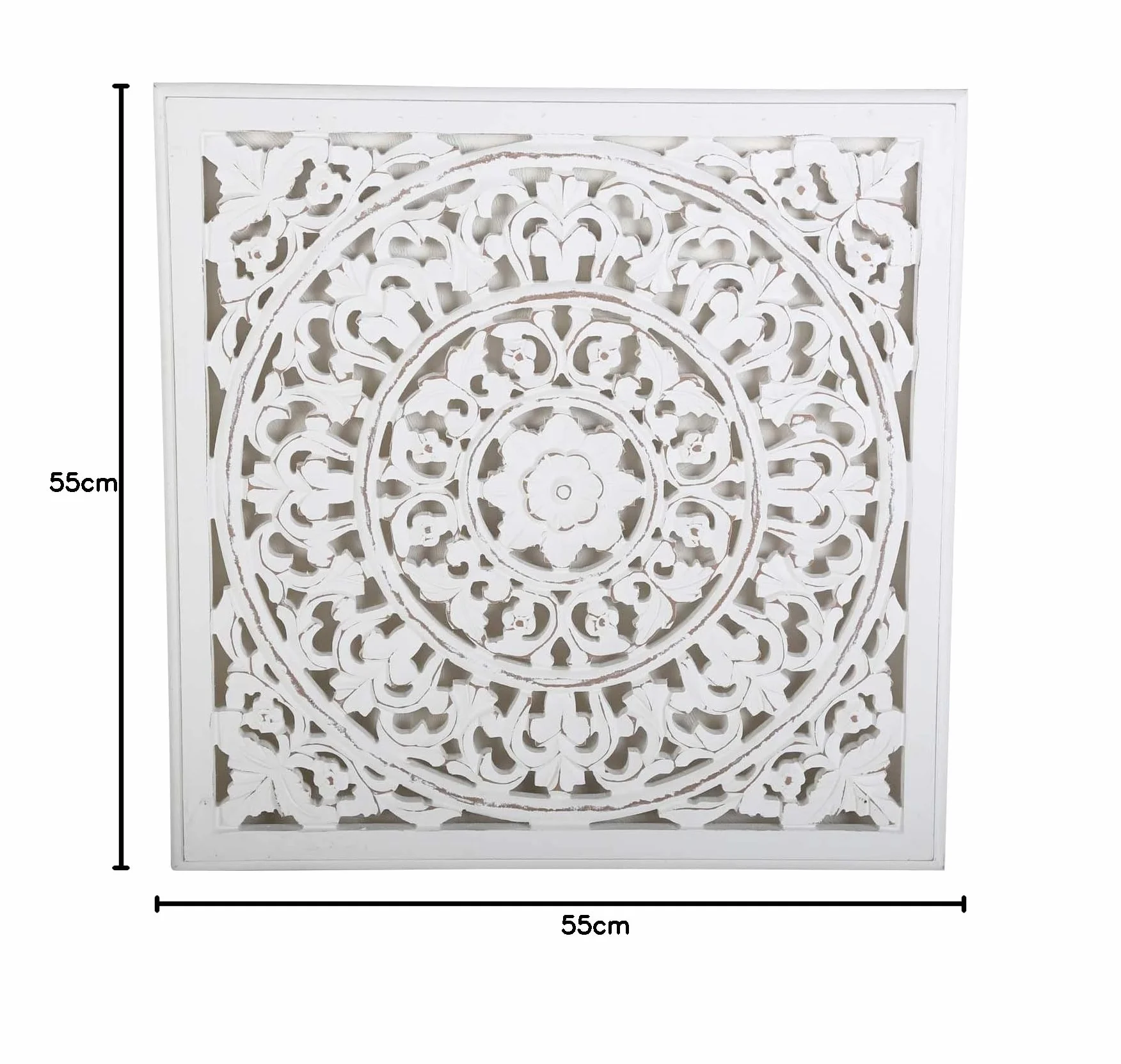 Casa Moro orientalny obraz ścienny z drewna, mandala Nasha 55 x 55 cm, shabby chic biały, rzemiosło artystyczne, ręcznie rzeźbiona dekoracja ścienna do zawieszenia i postawienia jako MD1090