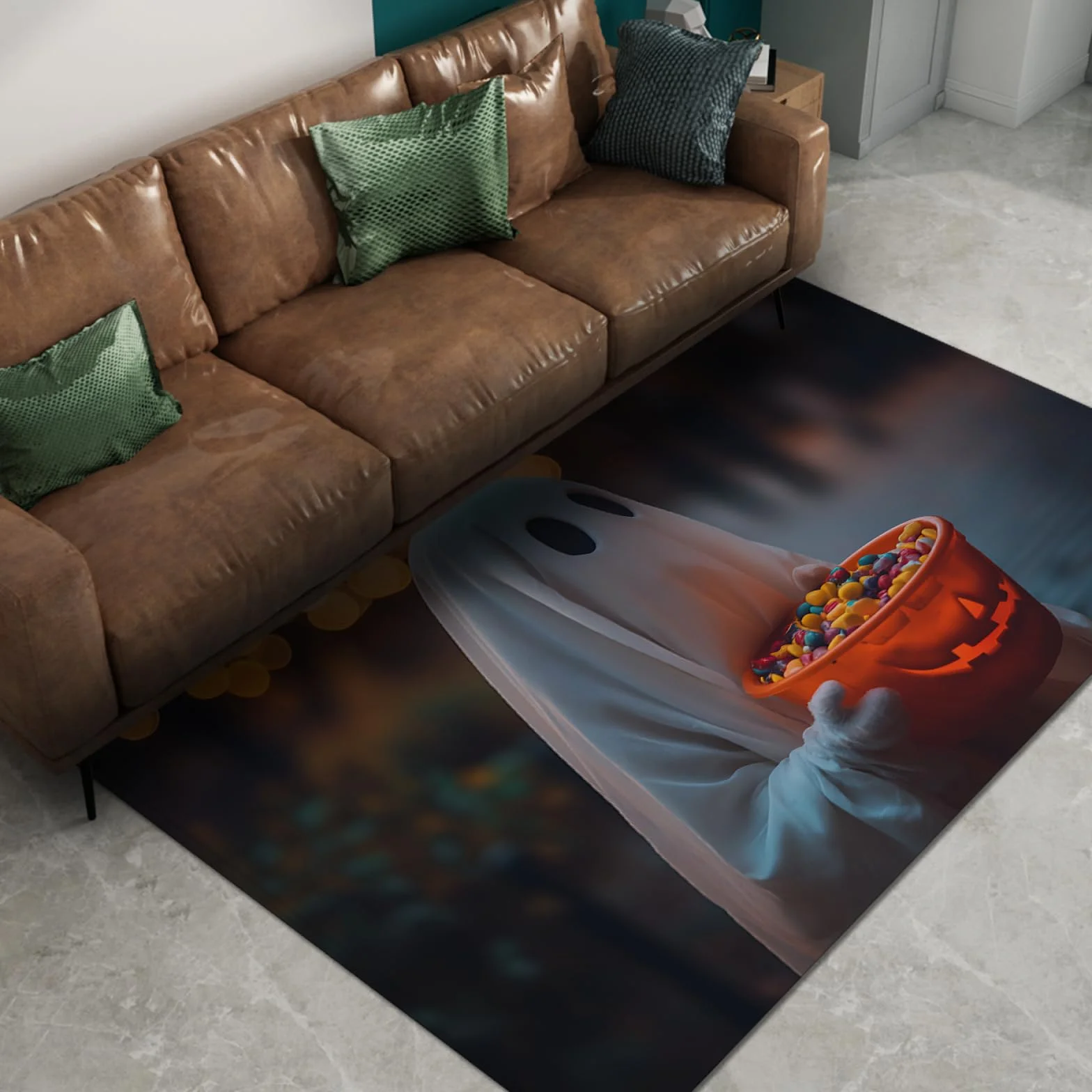 Halloweenowa mata kuchenna śliczne duchy dywan 180x270cm zmywalne kolorowe cukierki antypoślizgowe do dekoracji wnętrz kuchnia Halloween akcesoria dekoracyjne