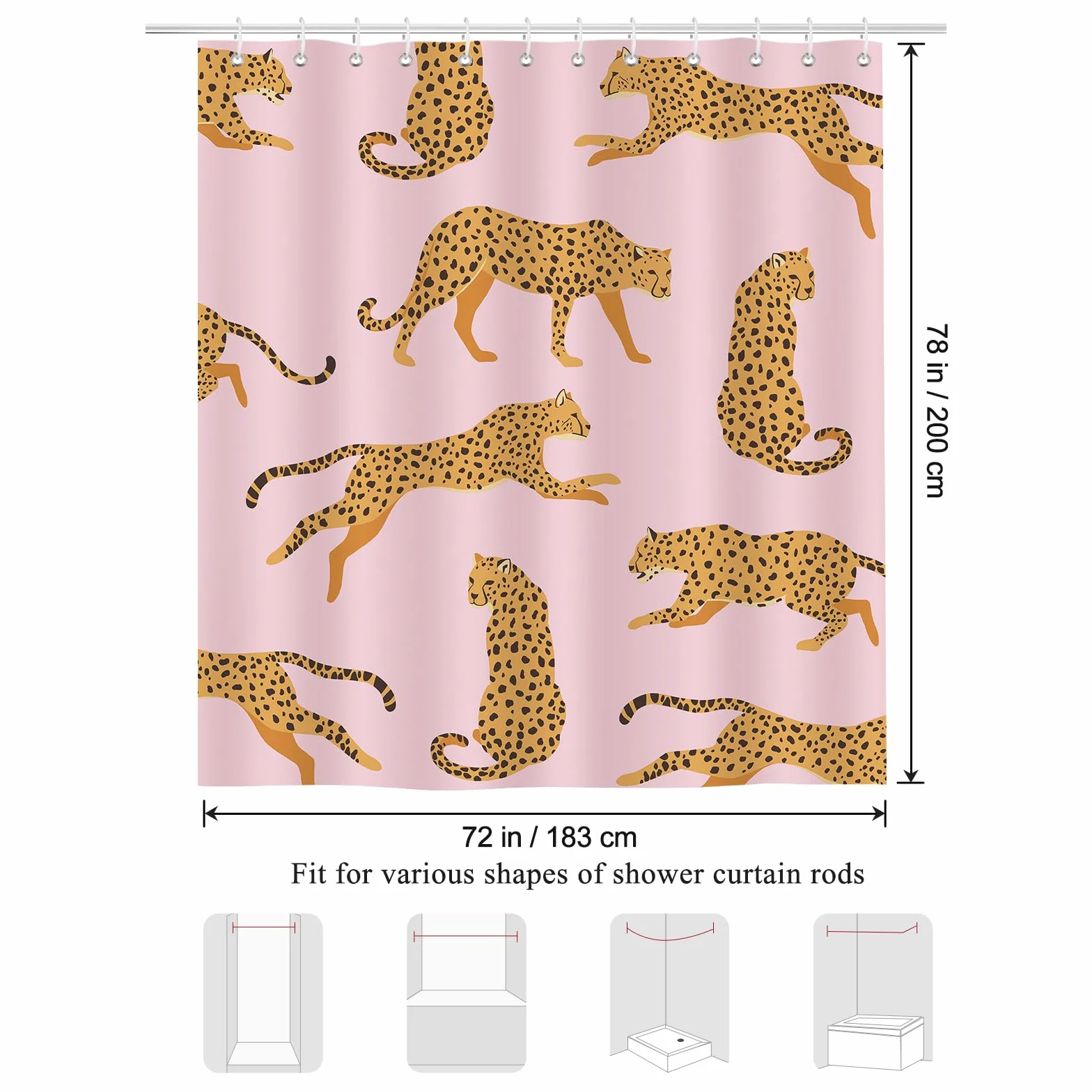 Bonhause Różowa zasłona prysznicowa w panterkę Tropikalne Zwierzę Gepard Modna zasłona łazienkowa 180 x 200 cm Wodoodporna Odporna na pleśń i grzyb Tkanina poliestrowa z 12 haczykami