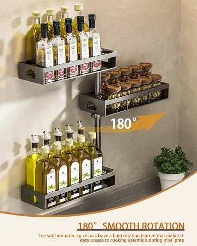 Stojak na przyprawy ze stali nierdzewnej, 3-poziomowy obrotowy organizer ścienny, konstrukcja narożna o 180° zapewnia wydajne przechowywanie przypraw i łatwy dostęp, regulowany do niestandardowego