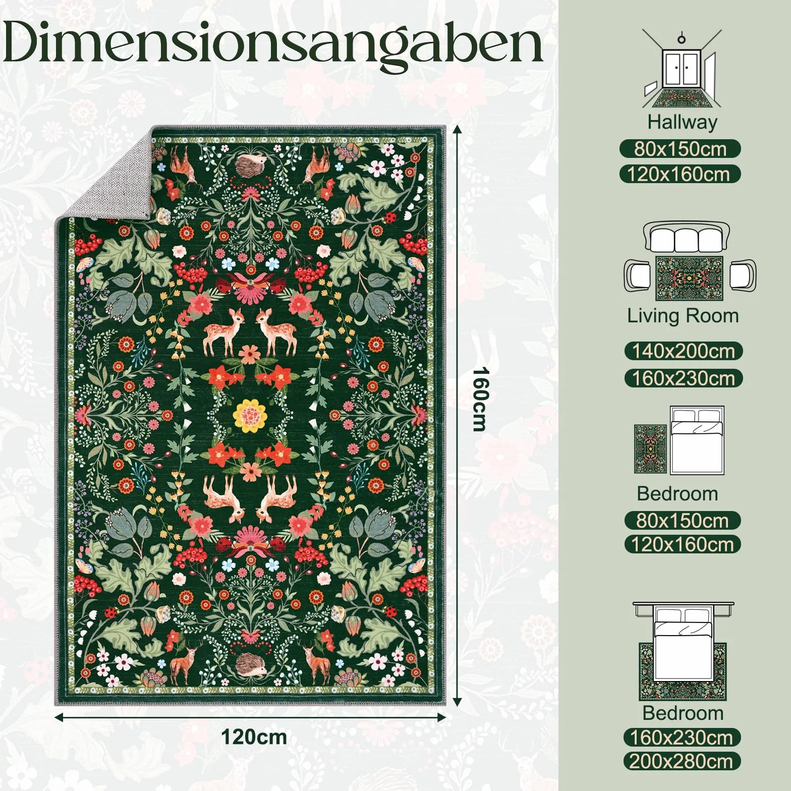 Alishomtll Dywan z krótkim włosiem, antypoślizgowy, miękki, nadaje się do prania, dywan kuchenny, vintage, motywy kwiatowe i roślinne, chodnik do sypialni, pokoju dziecięcego, kuchni, wejścia, zielony