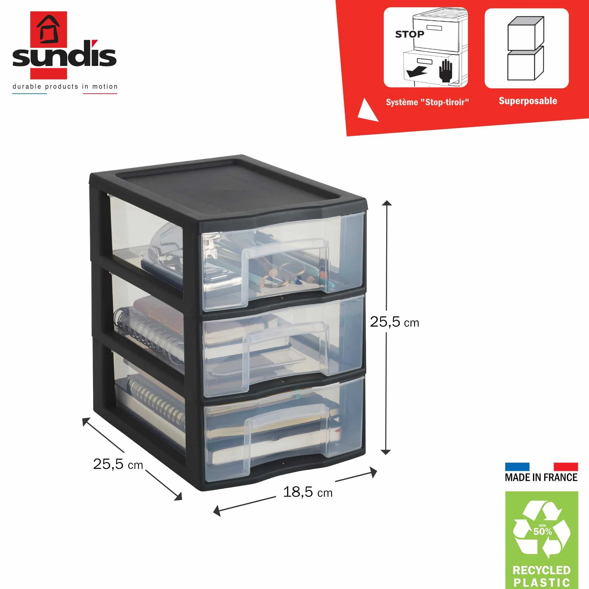 SUNDIS Tower plastikowa wieża do przechowywania 3 szuflady A5 25,5 cm