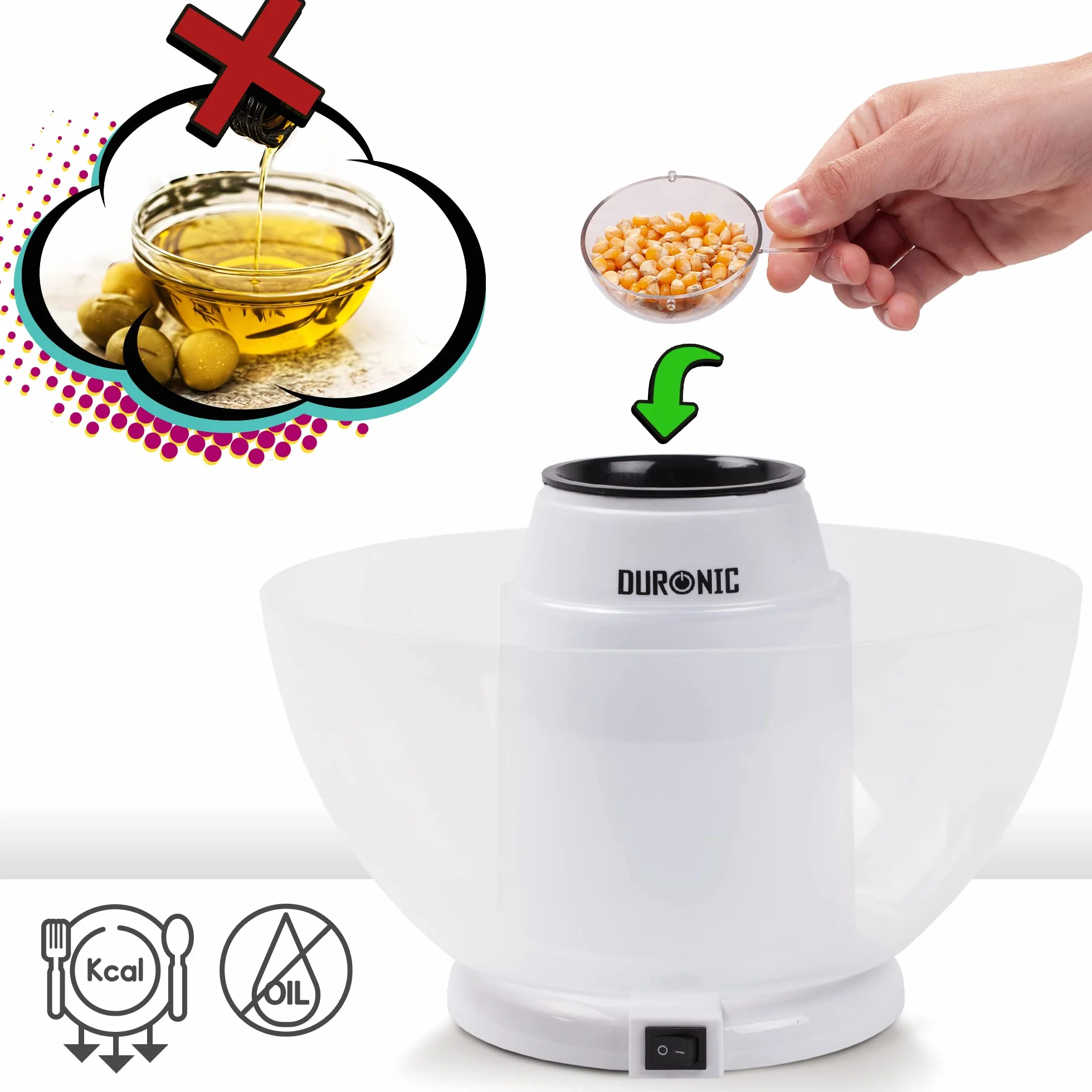 Duronic POP50 WE Maszyna do popcornu automat 1200W z wyjmowaną misą bezolejowa | do prażenia ziaren kukurydzy bez tłuszczu | pojemność: 50g ziaren | niskokaloryczna przekąska | na gorące powietrze