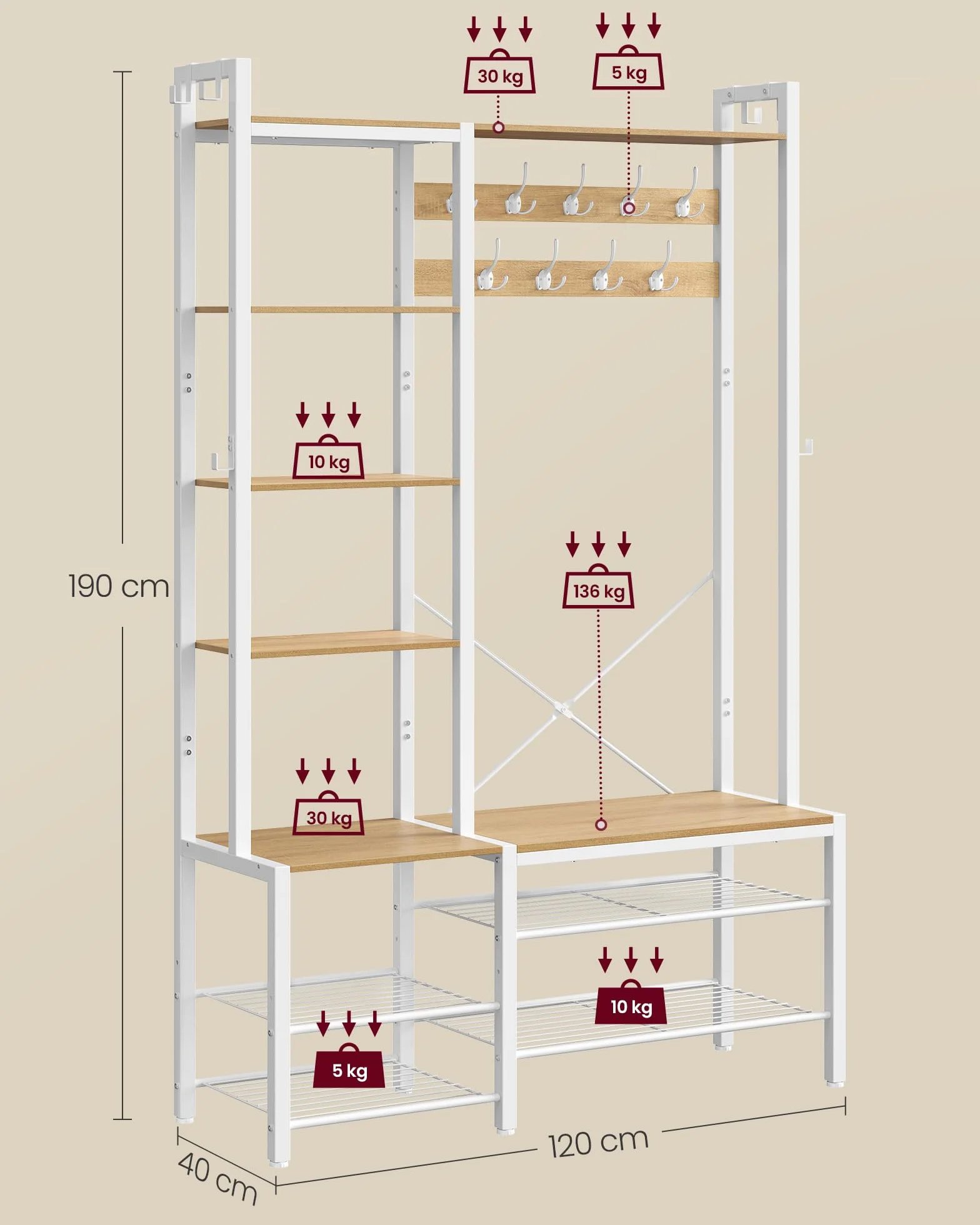 VASAGLE Wieszak z ławką na buty, wieszak na ubrania, 5 półek z płyty wiórowej, 9 potrójnych haczyków, 6 haczyków bocznych, 40 x 120 x 190 cm, kolor złotego dębu chmura biała HSR426Y01