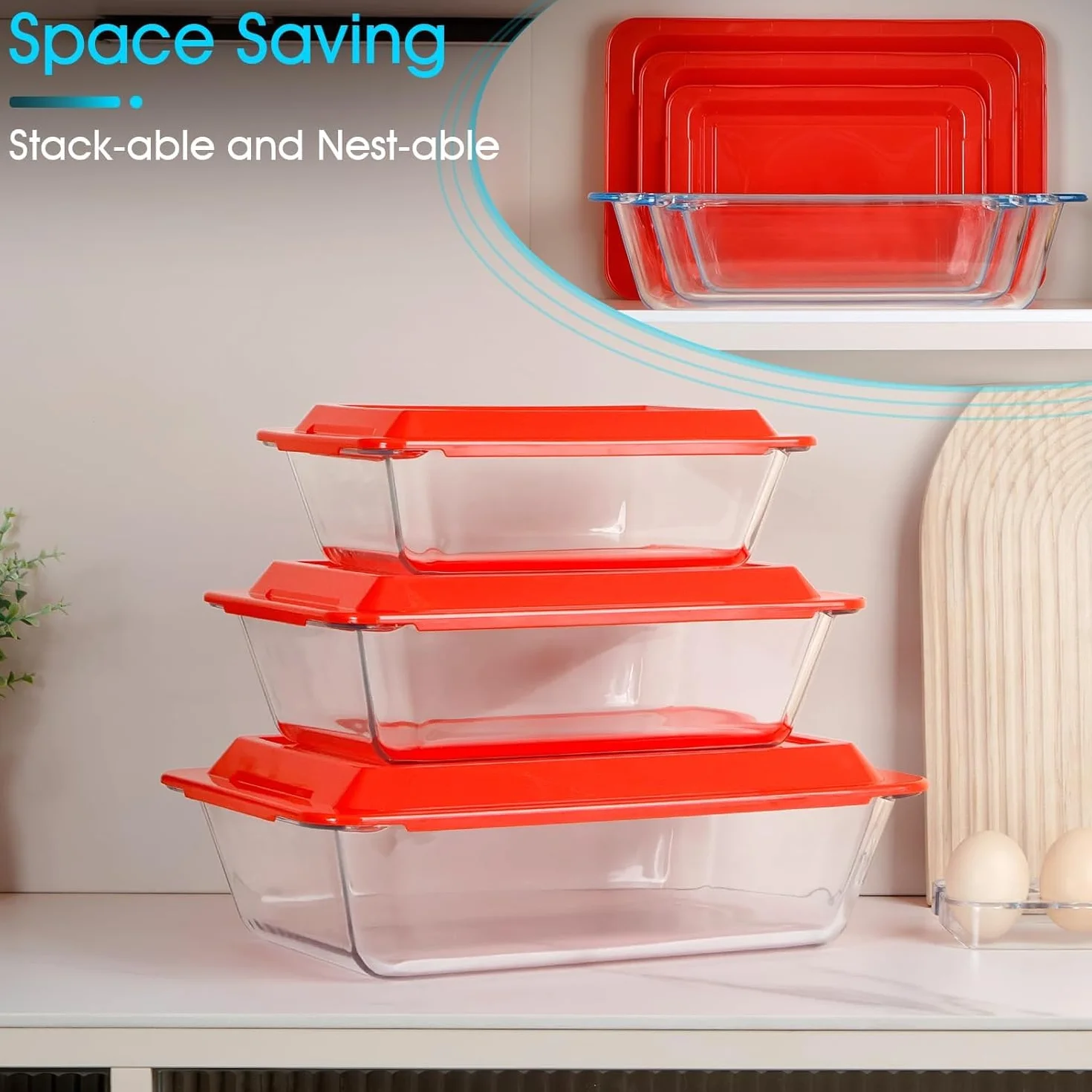 NUTRIUPS Zestaw 3 głębokich szklanych naczyń do pieczenia z plastikowymi pokrywkami, głęboka lasagne, do piekarnika, prostokątne szklane naczynia do pieczenia 1,4 + 2,3 + 3,5 l