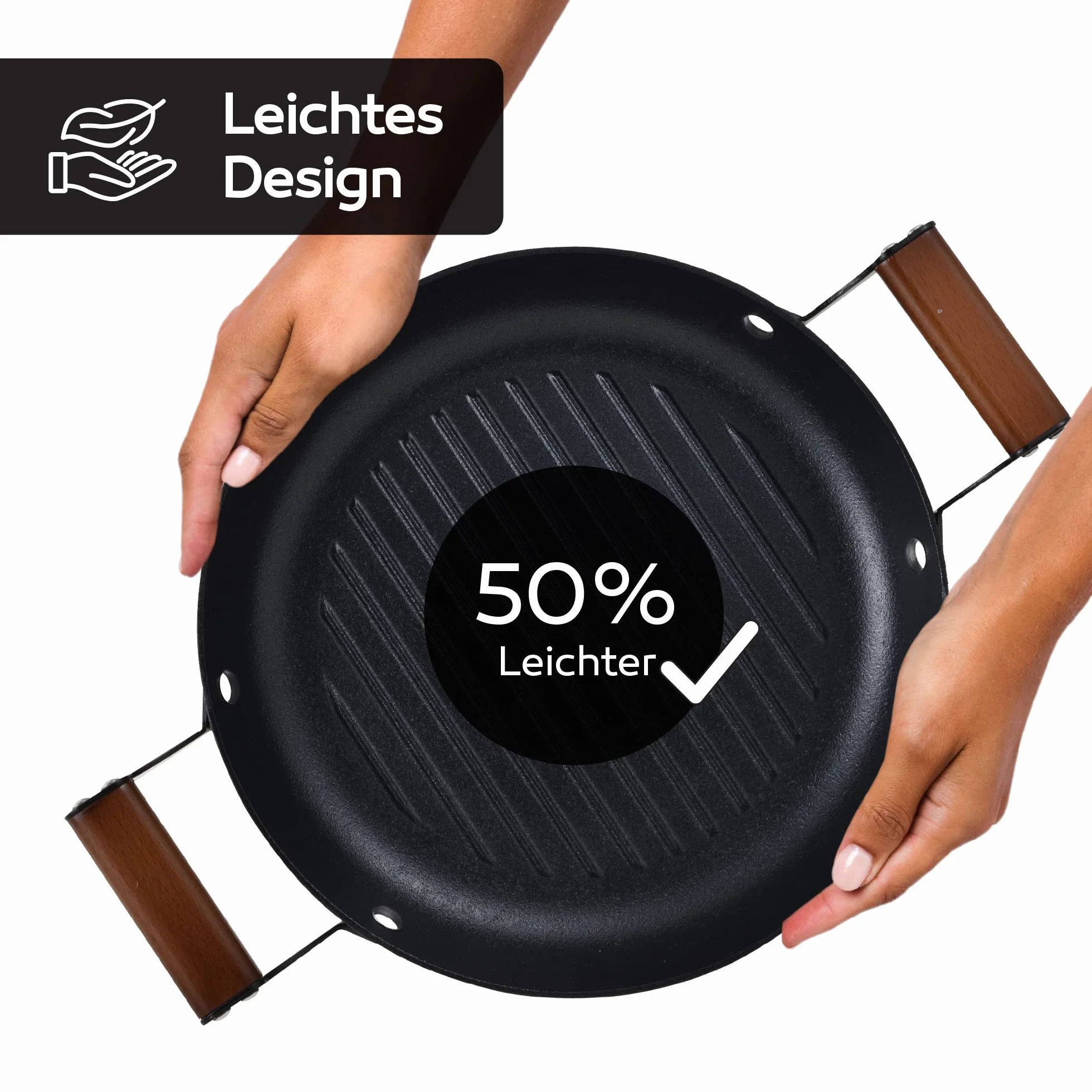 Masterpro Odin 28 cm okrągły grill, nieprzywierający, ergonomiczne uchwyty z drewna akacjowego, idealny do gotowania na grillu, kompatybilny z indukcją i piekarnikiem, bez toksycznych produktów