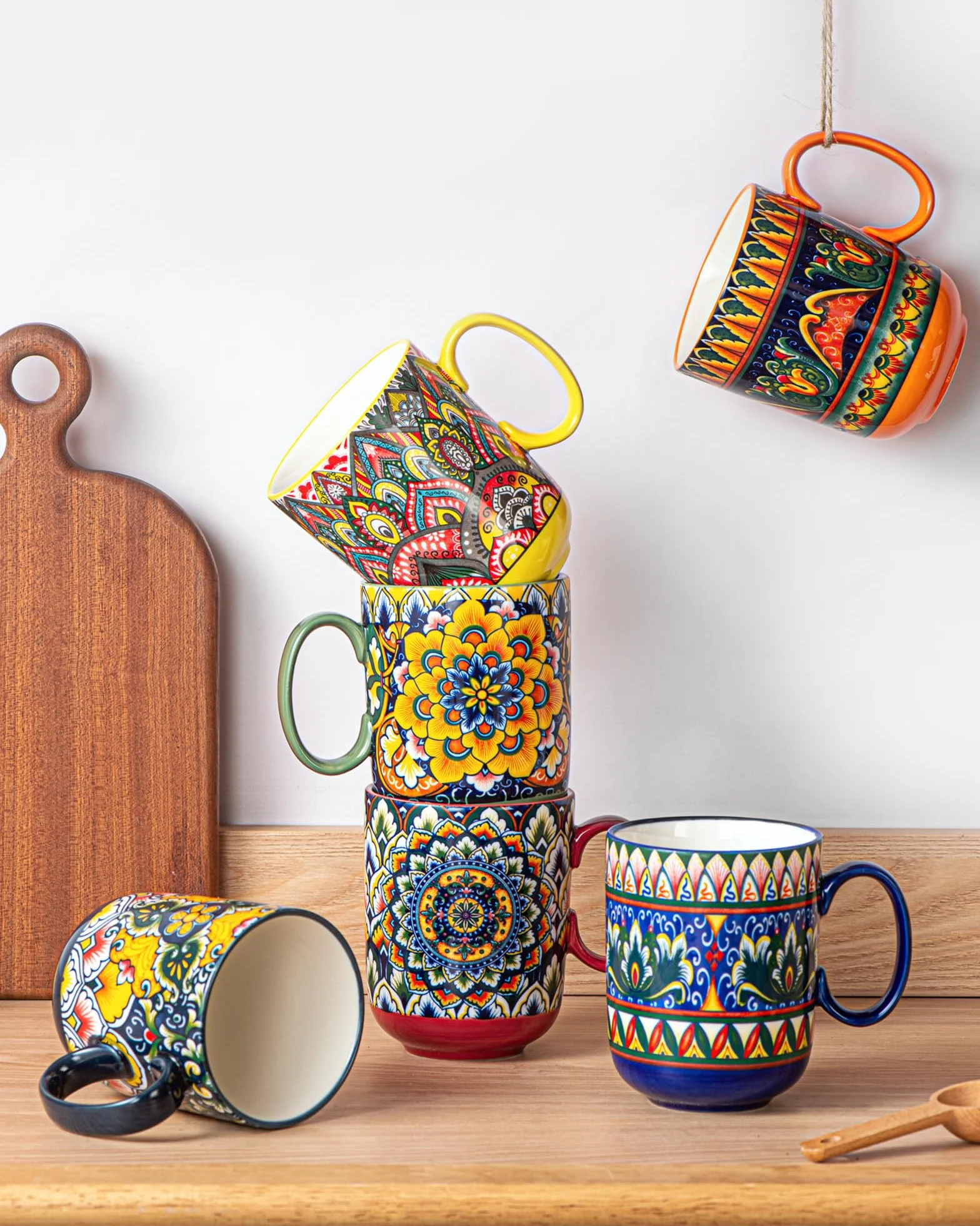 Zestaw 6 filiżanek do kawy, z uchwytem, 410 ml, porcelanowe filiżanki do herbaty, kawy, mleka, cappuccino, kolorowe, 6 sztuk w opakowaniu - styl boho