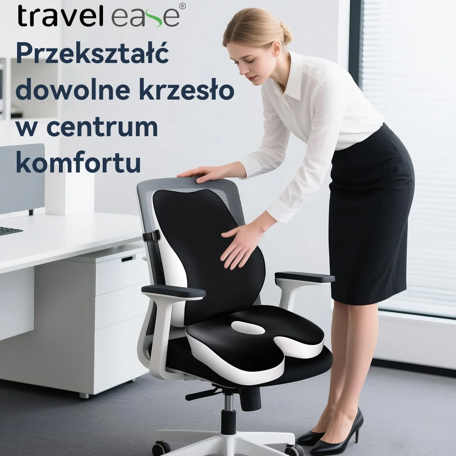 Travel Ease Zestaw Poduszki do Siedzenia i Poduszki Lędźwiowej z Pianka Pamięciowa, Ergonomiczny Komfort do Krzesła Biurowego, Samochodu, Domu i Podróży, Wsparcie dla Pleców i Pośladków, Czarny