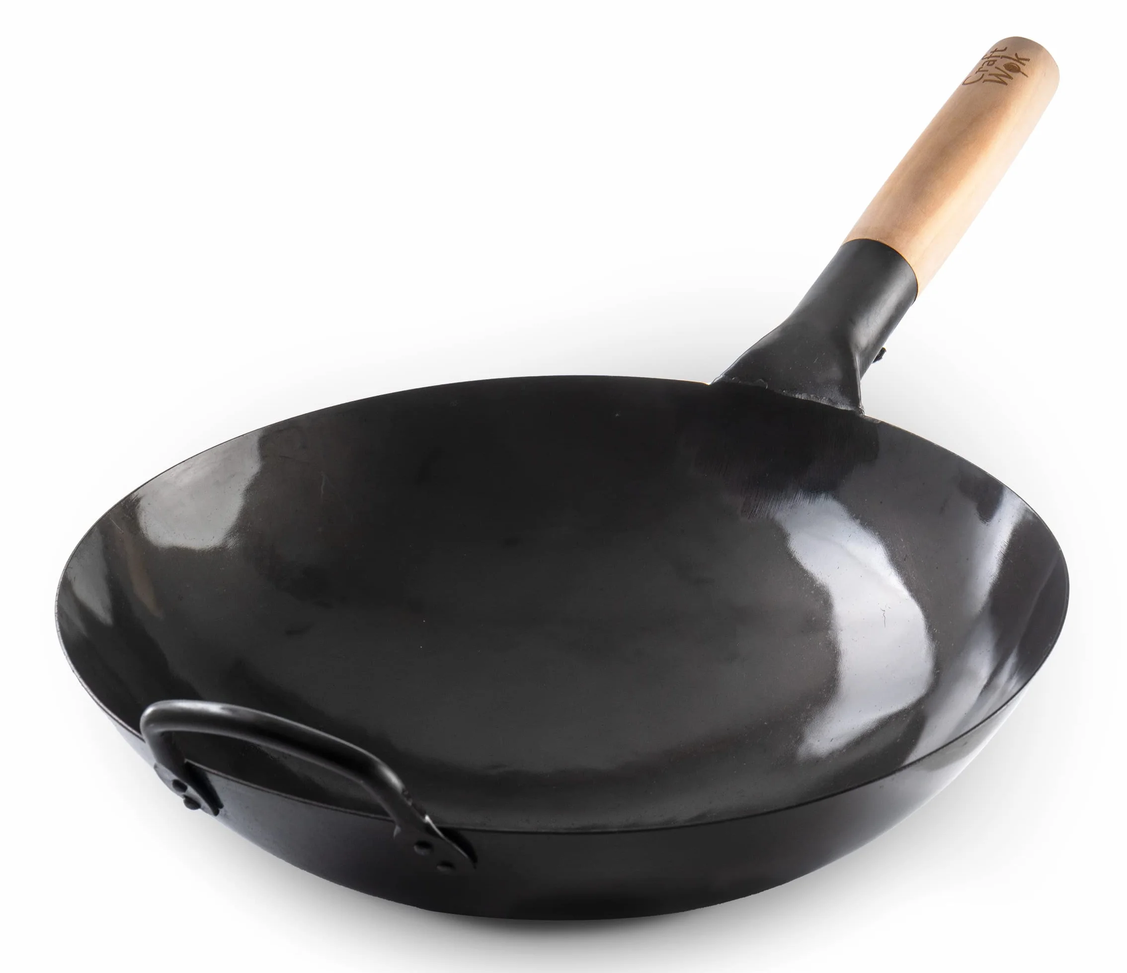 Craft Wok Black13 wstępnie sezonowany ręcznie młotkowany wok ze stali węglowej z drewnianym i stalowym uchwytem pomocniczym (33 cm, okrągłe dno)