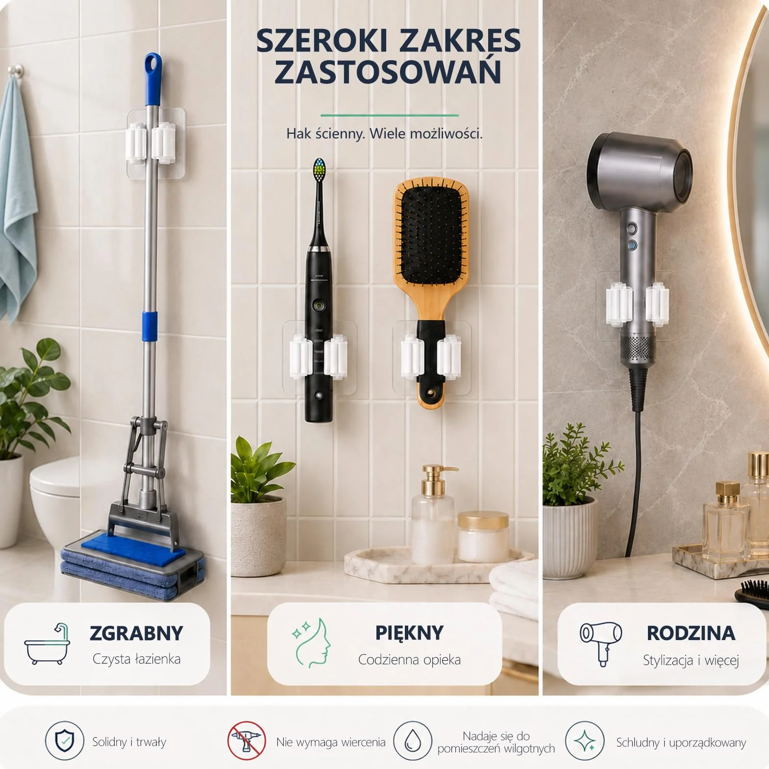 Samoprzylepne Uchwyty na Miotły i Mopy, Wieszaki Ścienne Bez Wiercenia, 4 Szt.